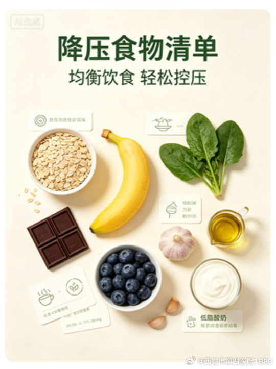 #健康科普#  【🚨 高血压只能天天忌口 ❓ 这8种“天然降压食物”放心吃  ❗️  #中医养生 #  👇 】

🌸   查出高血压别慌，不用委屈自己只吃水煮菜！在均衡饮食的基础上，这8种家常食物自带“降压buff”：

🌿  香蕉+苹果：降低全因死亡风险，每天各一个，护血管性价比极高。

🌿  绿茶：长 ​