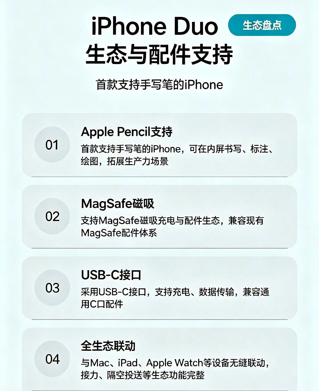 首款支持 Apple Pencil 的 iPhone，iPhone Duo 生态与配件全盘点。#苹果折叠能迈过碎内屏的坎吗##碎内屏是用折叠机过不去的坎#
MagSafe 磁吸、USB-C 通用接口、全设备无缝联动，折叠屏也拥有完整的苹果生态体验。#英国世界级AI成果遭群嘲# ​
