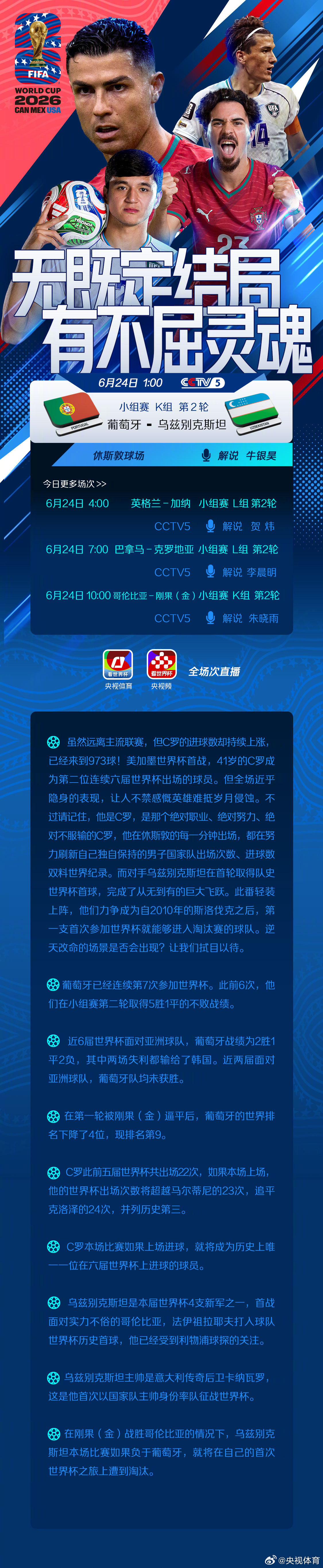 北京时间6月24日凌晨，C罗领衔的葡萄牙队将在休斯敦迎来本届世界杯的第...