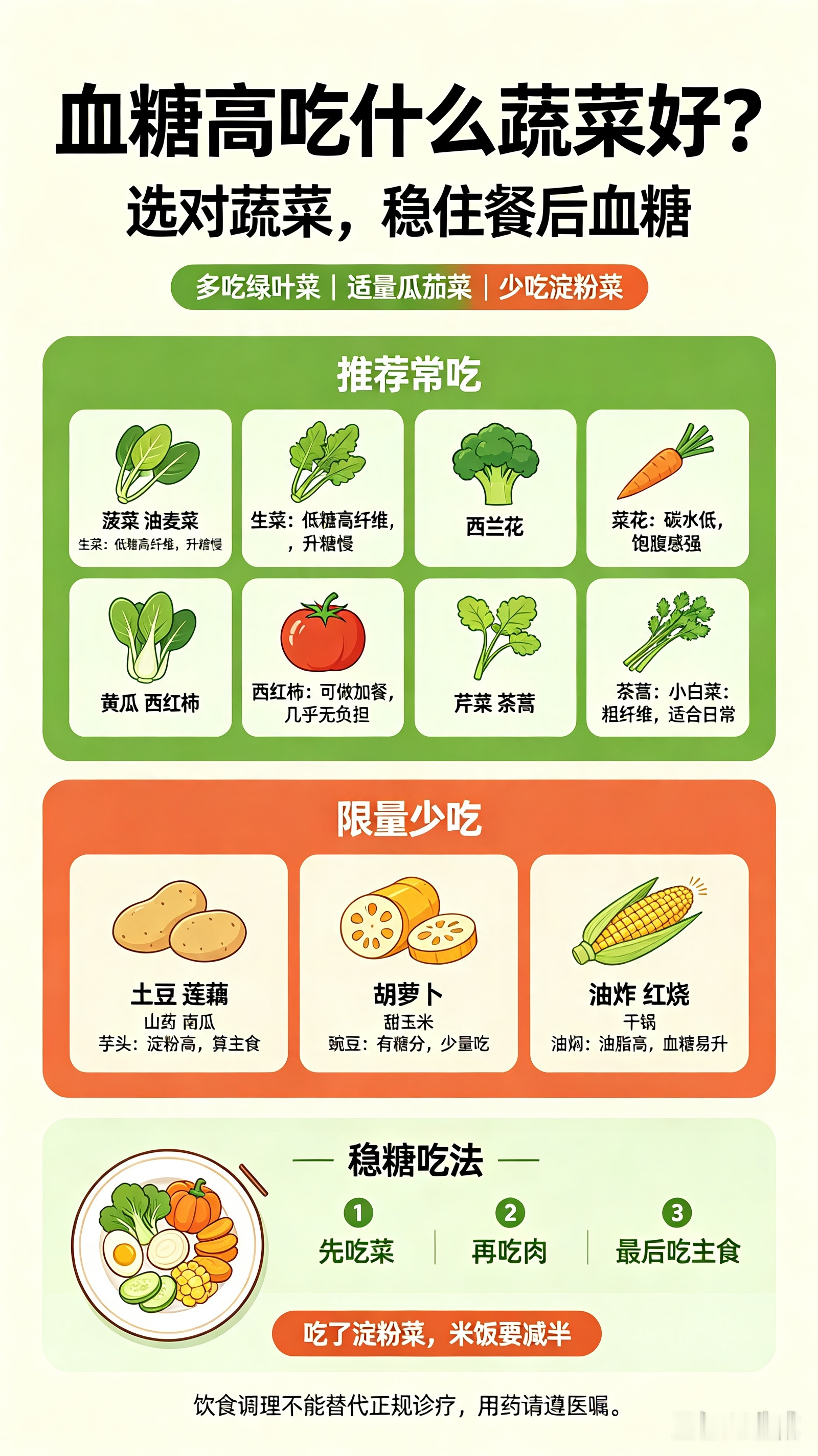 血糖高吃什么蔬菜好？牢记“多吃这几种，少吃这几类”，稳糖很简单
 
很多血糖高、糖耐异常、有糖尿病的朋友，都知道控糖要少吃主食、少吃甜食，但大多数人都忽略了：蔬菜吃得不对，血糖照样稳不住。
 
不少人以为所有蔬菜都低糖、随便吃，其实蔬菜也分“升糖快”和“稳糖慢”。选错蔬菜、吃错做法，不知不觉就会让