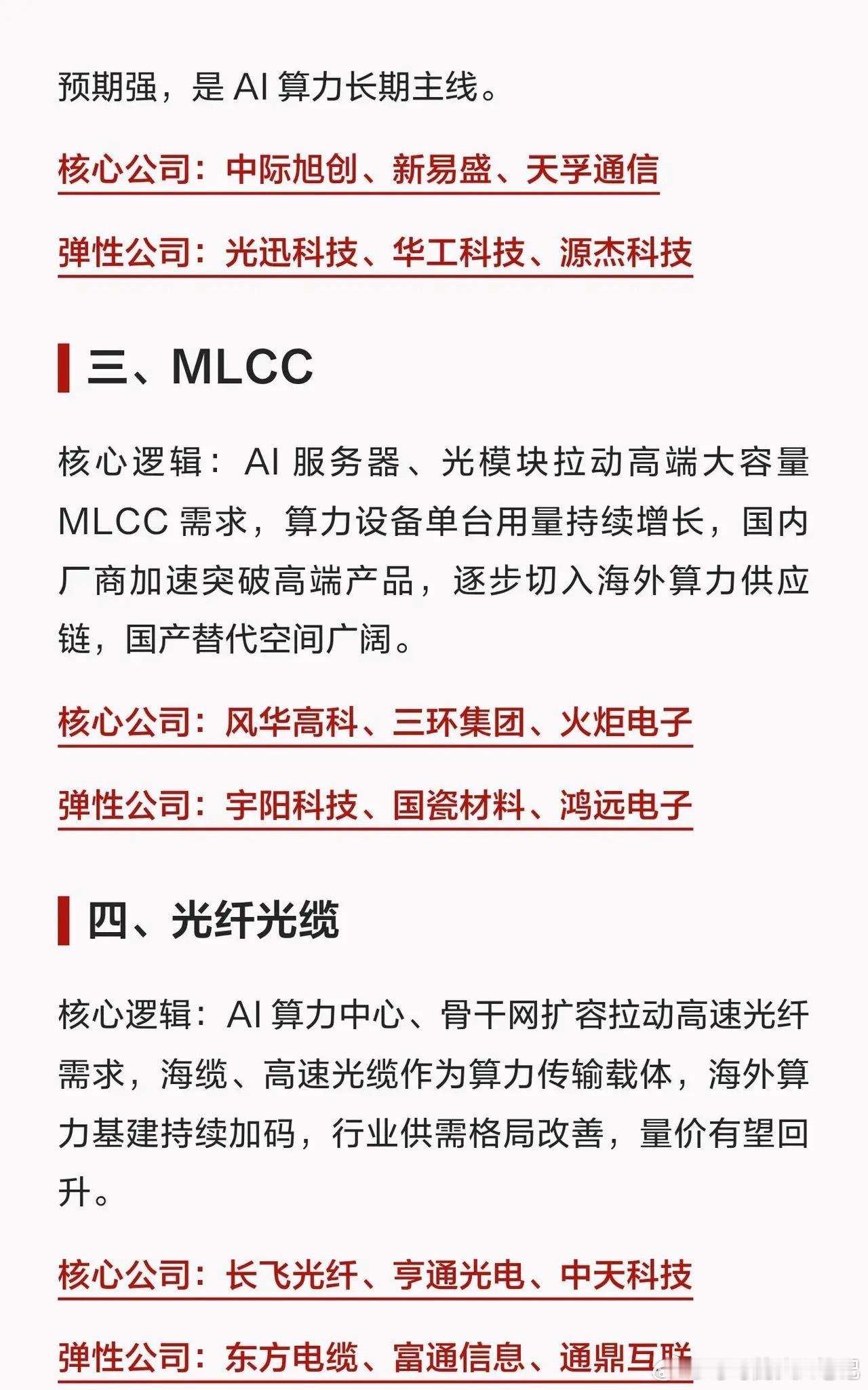 节前值得一看的，六大科技方向！

临近节前，科技板块分化加剧，AI算力这条主线依旧保持高景气。整理6个值得重点关注的细分赛道，覆盖算力硬件全产业链，一起来看看。

一、PCB

核心逻辑：AI服务器单机PCB价值大幅抬升，高速高多层板、背板溢价突出，作为算力硬件骨架，算力建设提速直接带动业绩放量 ​