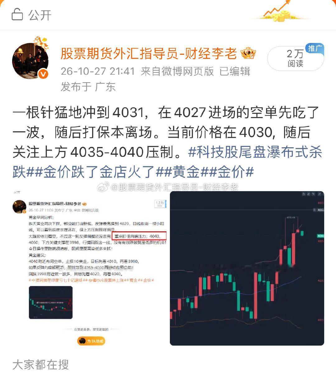 终于等到咱们最看好的做空点位，在4040果断进场！行情如期回落，下跌至4032，稳稳拿下80点浮盈！接下来继续看，目标先给到 4020附近。#黄金##金价跌了金店火了##金价##科技股尾盘瀑布式杀跌# ​