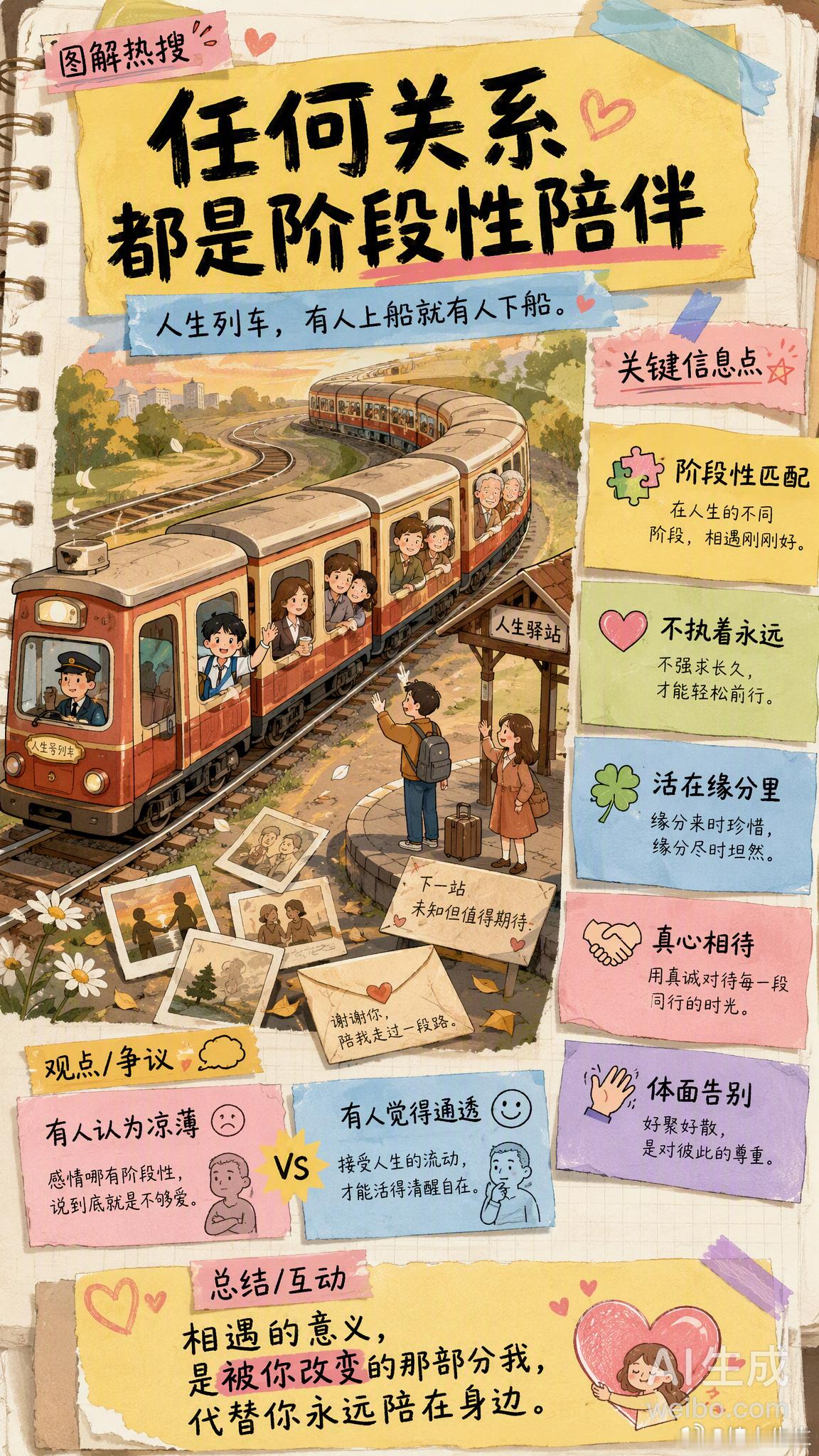 任何关系都是阶段性陪伴 小时候总觉得朋友要一辈子，恋人要一生一世。后来才发现，很多人真的只能陪你走一段路，升学、换城市、换工作、人生阶段一变，曾经无话不谈的人，慢慢只剩朋友圈点赞。不是谁变了，只是人生这趟列车，有人上船就有人下船。几个挺戳我的观点：· 关系的本质是「阶段性匹配」，学生时需要玩伴，工作后需要战友，每个阶段需求不同· 过度执着「永远」，反而让离别变成内耗· 活在缘分里，而非关系里——在一起时真心相待，分开时体面告别最打动我的一句话：「相遇的意义，是被你改变的那部分我，代替你永远陪在了我身边。」你有过阶段性陪伴的人吗？后来你们怎么样了？情感热点创作激励计划