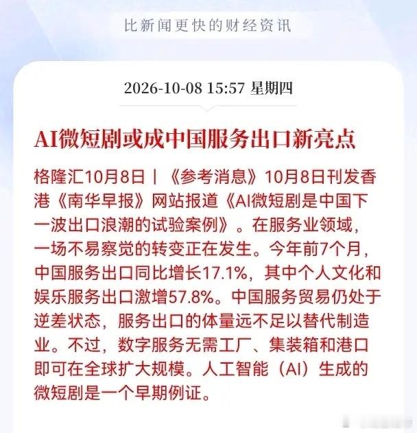 利好！重大利好消息！
Al短剧板块估计要疯狂了！
AI微短剧正在成为中国服务出口的新亮点，相关产业链将迎来更多新机遇

10月8日，《参考消息》转发了一篇重磅文章，直接点破了这个新趋势：AI微短剧，可能正是中国下一波出口浪潮的“试验田”。

数据不会骗人。今年前7个月，咱们个人文化和娱乐服务出口 ​