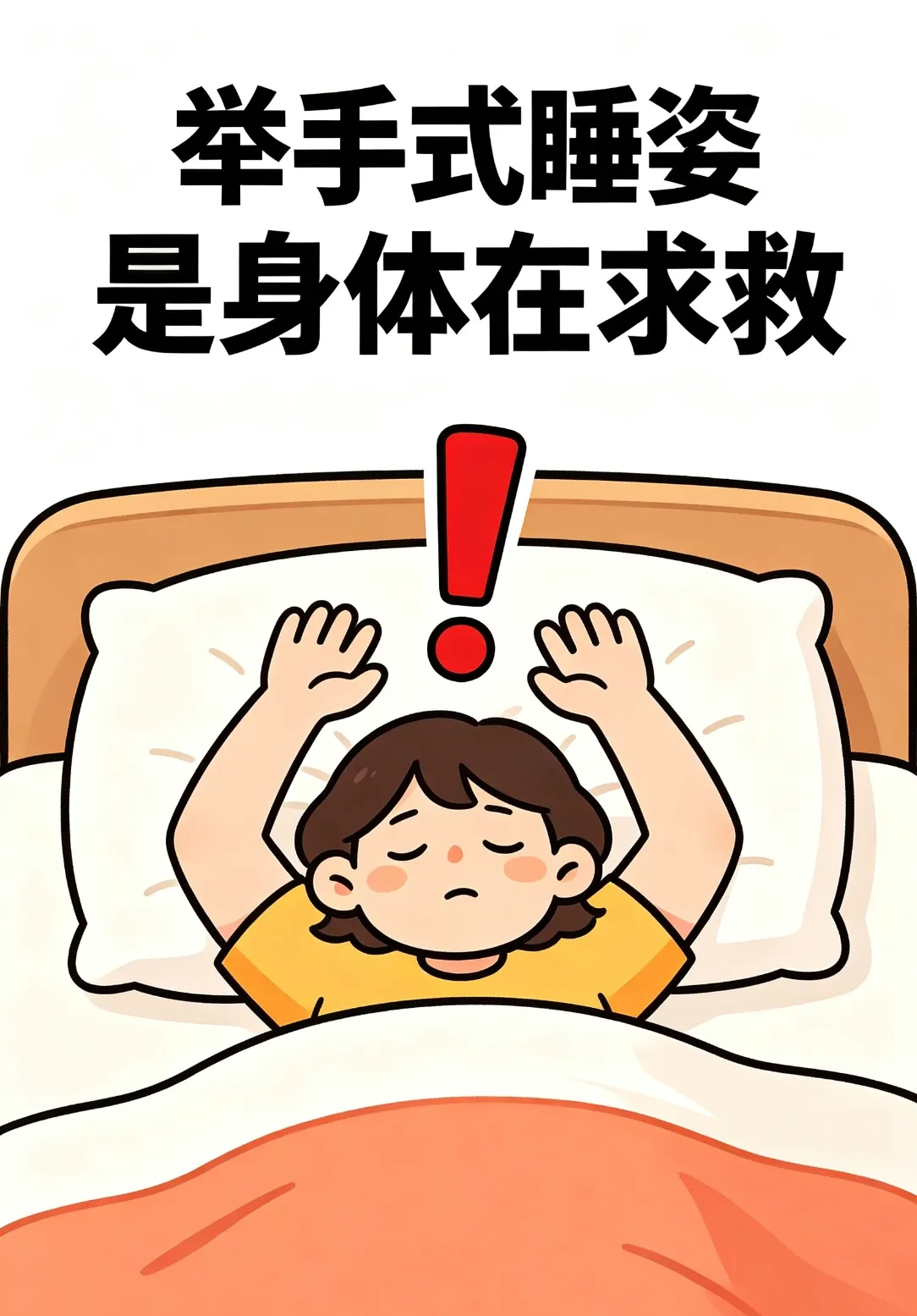 不知道你有没有这种体验：躺在床上翻来覆去睡不着，无意间把双手高高举过头顶，瞬间感觉胸口通透不少，很快就进入梦乡。可一觉醒来，胳膊又酸又麻，甚至被麻醒。最近“举手式睡姿是身体在求救”冲上热搜，很多网友看完纷纷对号入座，原来这个被不少人
