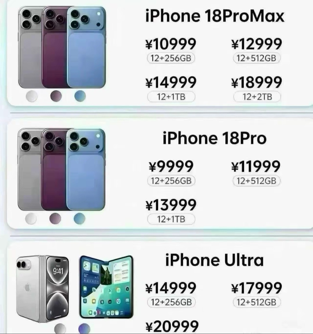 iPhone18系列爆料价流出，折叠Ultra直接破2万
 
人群适配：准备换苹果手机的打工人、果粉、数码爱好者
 
打算蹲iPhone18新机的朋友，先看看这个网传售价。
这次Pro、Pro Max还有全新折叠Ultra，价格门槛直接拉高。
预算不够的，看完心里大概就有数要不要等了。
 
先看iP