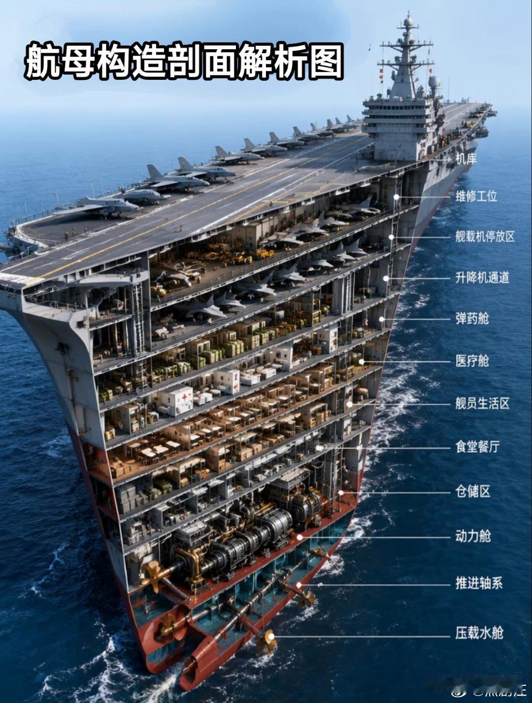 航母构造剖面图！原来航母底下有这么多层，从弹药舱到食堂，层层揭秘海上巨无霸的硬核构造。 ​