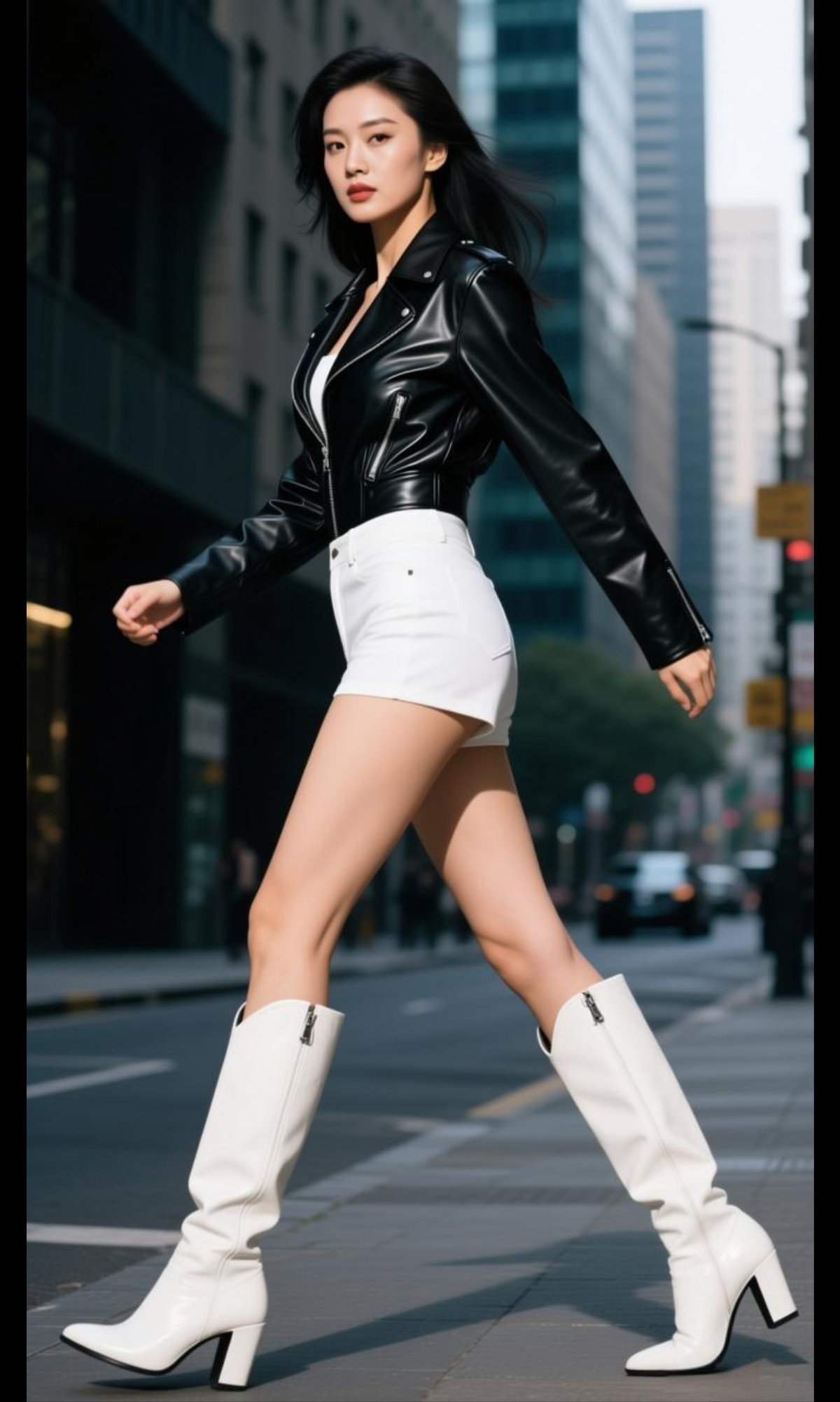 都市酷女孩穿搭指南：皮夹克+短裙+高筒靴，自信满满！