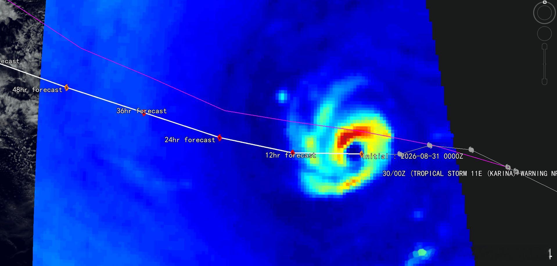 NOAA-21[钟]2026/08/30 [下雨] Hurricane Karina（21:25UTC） Tropical Storm Lowell （23:05UTC）
[话筒] AI: Karina 正以约 9 英里/小时（15 公里/小时）的速度向西移动，预计这一移动方向将持续到周一白天。周一夜间到周二将转向西北偏西方向移动。最大持续风速接近 125 英里/小时（205 公里/小时） ​