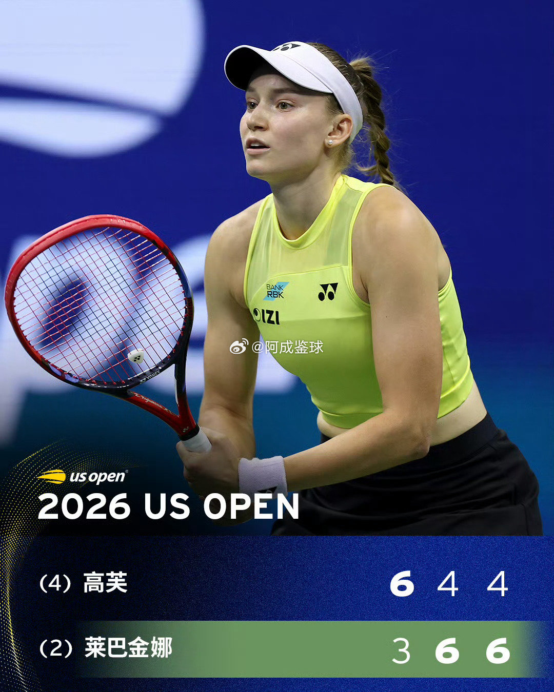 莱巴金娜首进美网决赛🔥

#美网2026#女单半决赛，2号种子莱巴金娜3-6/6-4/6-4逆转战胜4号种子高芙，职业生涯首次闯入美网决赛。继今年澳网后，莱巴金娜将再次和萨巴伦卡在大满贯决赛中上演对决。

#莱巴金娜首进美网决赛##高芙无缘美网决赛# ​​​#美网[超话]# ​​​​