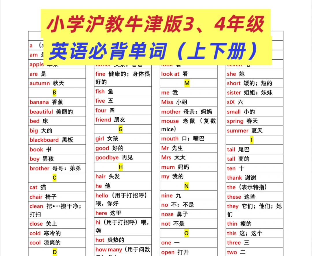 小学三四年级，沪教（牛津版）必背英语单词‼️