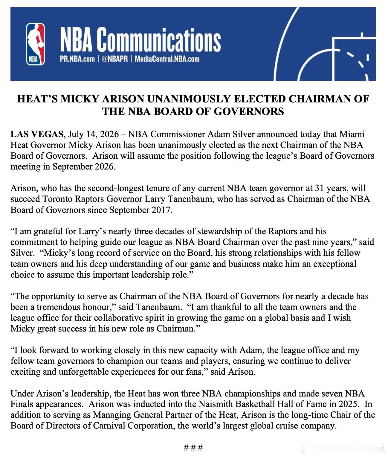 NBA 总裁亚当・萧华今日宣布，迈阿密热火队老板米奇・阿里森经全票通过...