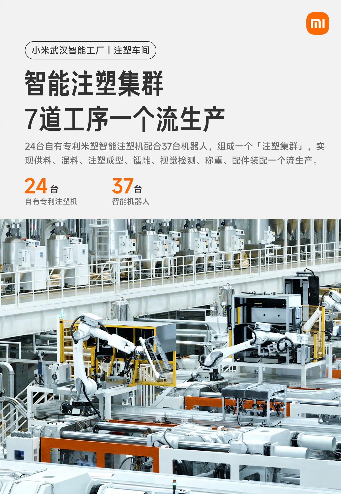 #小米武汉智能工厂#
刚刚看见小米武汉这个注塑车间，真的有点东西！黑灯瞎火的，偏偏效率比白天还高，不光能做到40秒下线一台，而且厉害的是全程不用人全靠机器自己转。

从供料、成型、检测、装配一溜烟儿全搞定，配合得比人工还丝滑。背后有澎湃平台盯着4亿多个数据点，哪个螺丝没拧紧、温度不对劲， ​