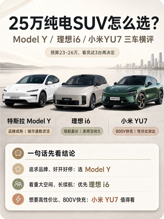 三台车价位接近，但性格天差地别。没有完美车，只有最适合你的场景。#23万级纯电  #ModelY #理想i6  #小米YU7