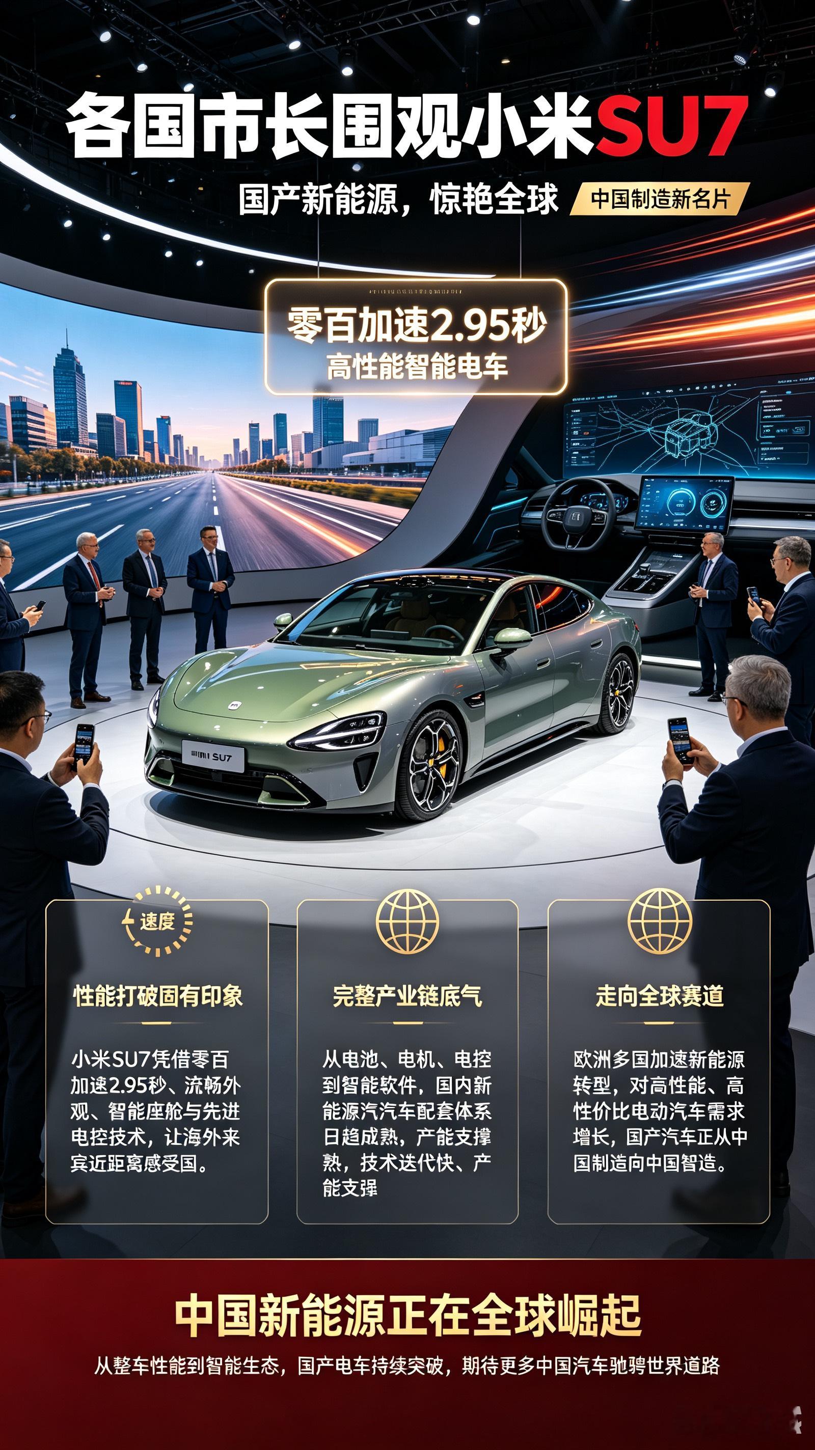 各国市长围观小米SU7！中国制造惊艳海外，实力让人坐不住

在交流展会上，多国市长驻足小米汽车展台，围着小米SU7仔细观摩，对这款国产新能源跑车表现出浓厚兴趣。零百加速2.95秒的强悍性能，流畅前卫的外观设计，智能座舱与先进电控技术，让远道而来的海外官员连连称赞。

曾经，高端汽车市场长期被海外品牌