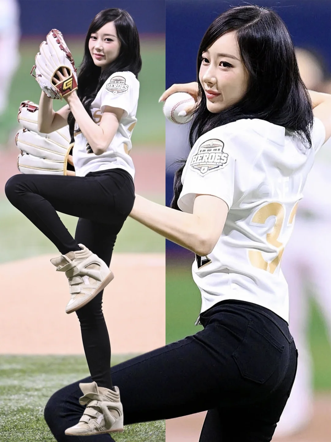 giselle开球⚾️修身牛仔裤衬的腿又细又长