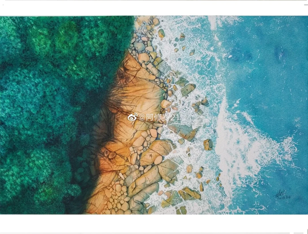 水彩 海岸 俯视