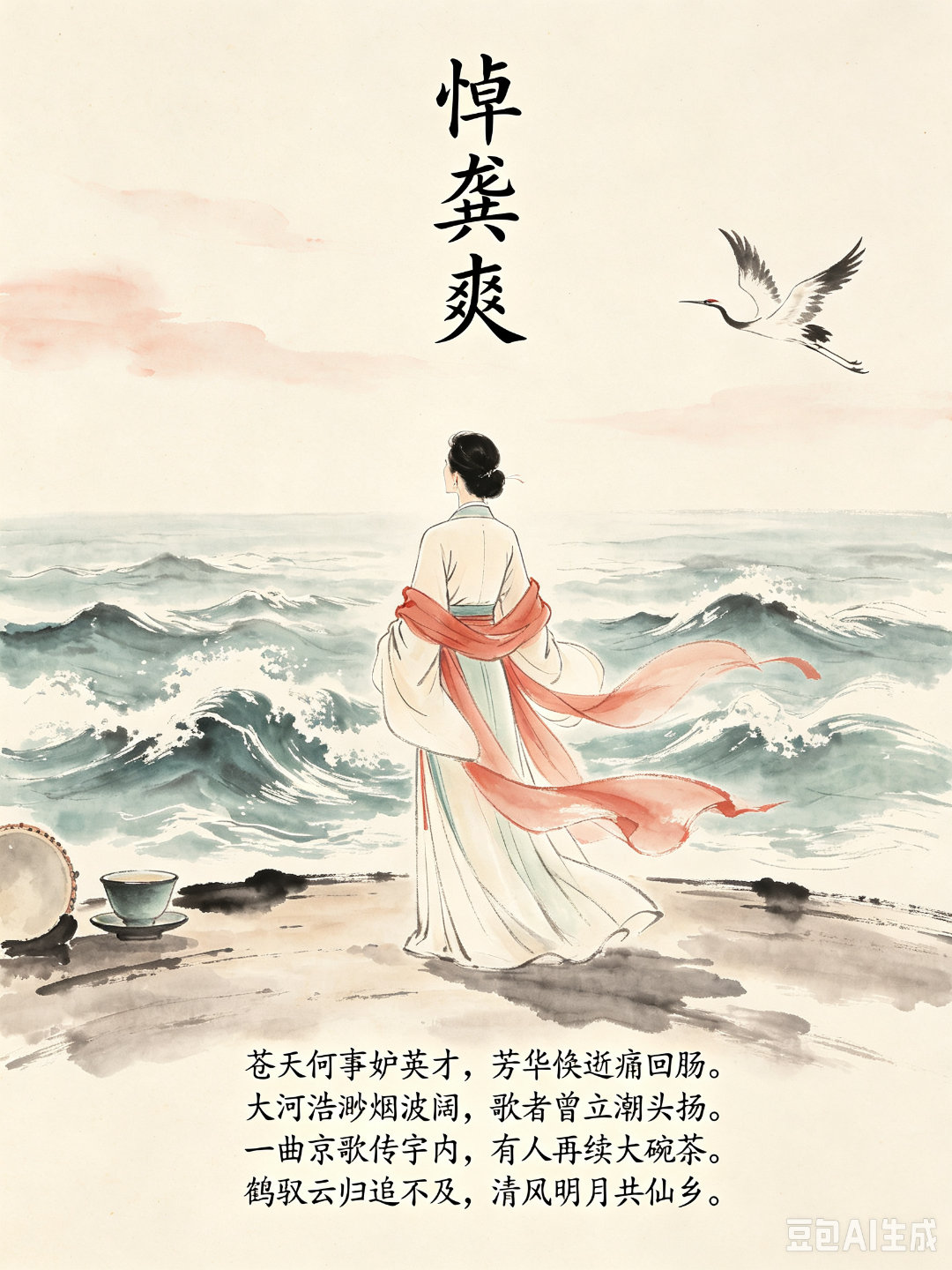 悼龚爽

苍天何事妒英才，芳华倏逝痛断肠。

大河浩渺烟波阔，歌者曾立潮头扬。

一曲京歌传宇内，何人再续大碗茶。

鹤驭云端追不及，清风明月向仙乡。 ​
