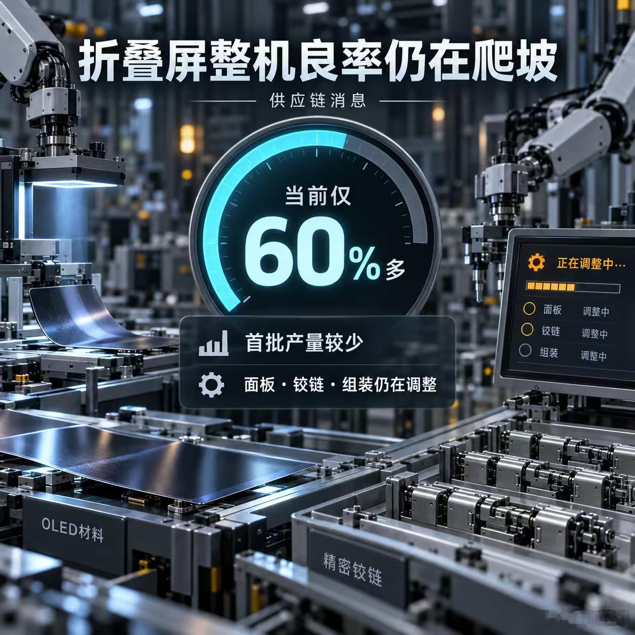 【数码快讯】据产业链消息，富士康目前组装iPhone Duo的整机良率仅为60%多，首批产量较少。按照现有质量标准，整机良率达到成熟水平可能还需半年至一年。

消息称，良率偏低并非完全由单项技术问题导致。由于这是苹果首次量产折叠屏手机，生产线仍需反复调整设备、工序和参数。

此外，OLED面板及铰链 ​