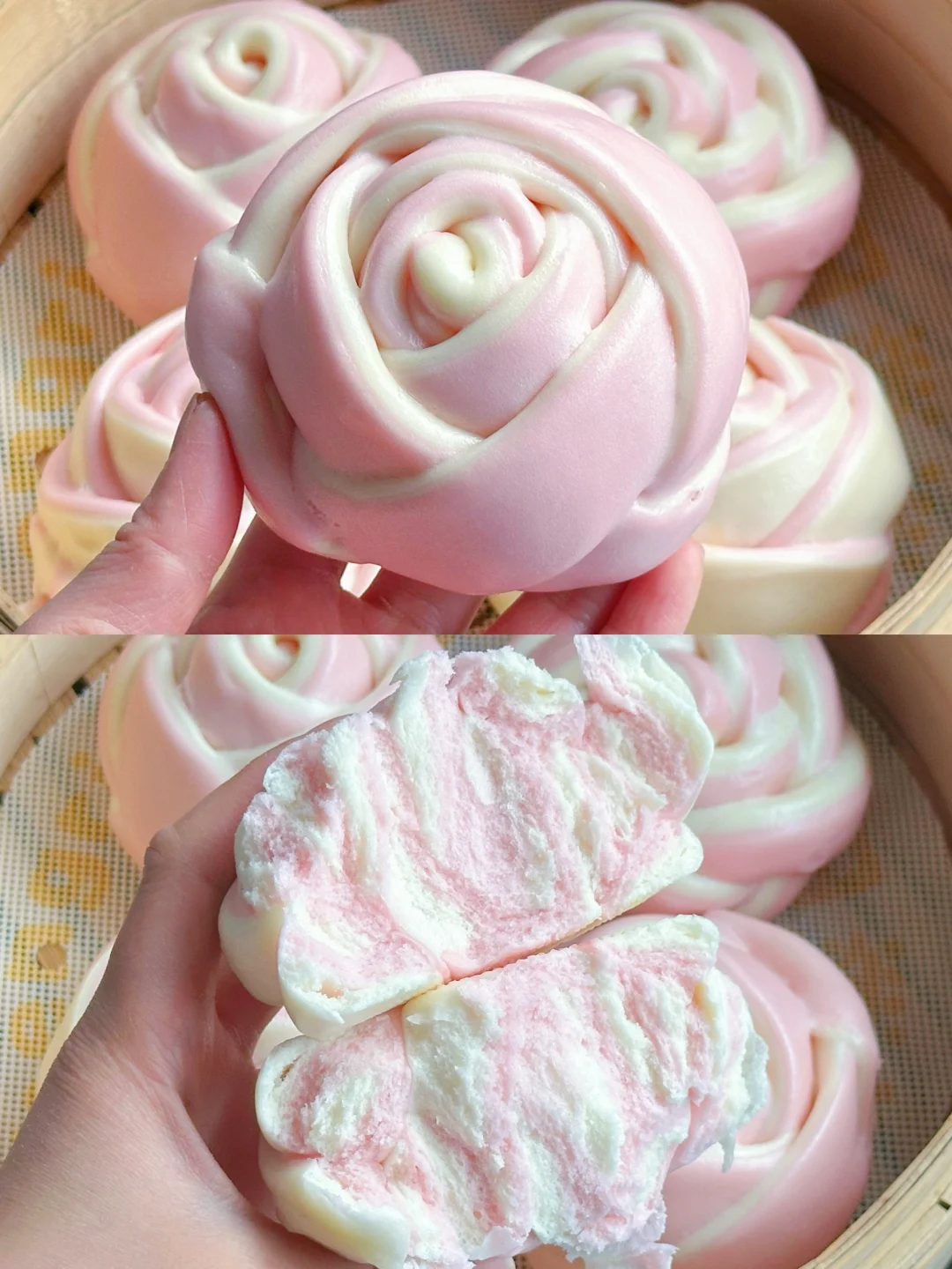 双色玫瑰花馒头～妥妥水光肌馒头！组织超细腻