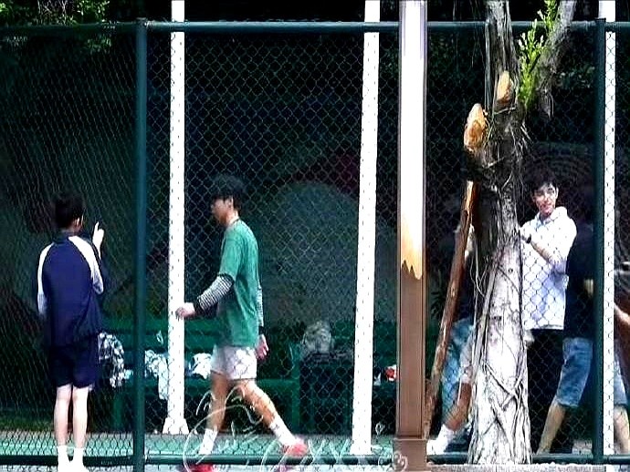 陈飞宇穿着宽大校服起跳投篮，张子枫捧着水壶站在场边发愣。

就这几张糊得连五官都看不清的球场偷拍图，直接把国产青春剧的遮羞布扯了下来。没有惨白的十级磨皮滤镜，没有慢动作转圈圈摔倒亲嘴。

张子枫缩着脖子站在那，陈飞宇额头挂着汗，这才是普通人高中的样子。《河清海晏》剧组这波路透，算是把观众的心思摸透了