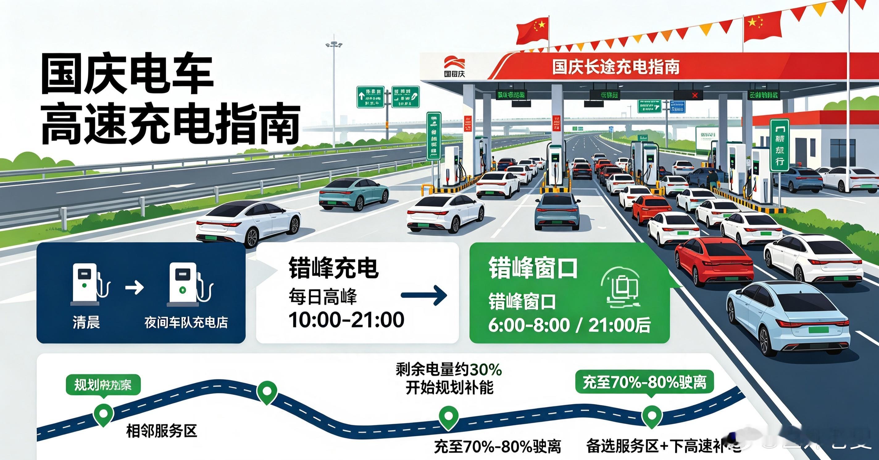 国庆电车高速充电有学问！这些服务区最容易排长队，错峰、科学补能完整指南
国庆长假，越来越多车主选择开新能源汽车长途自驾。高速服务区充电桩排队等候数小时、取号排到上百位、电车电量见底趴窝的新闻频频登上热搜。交通运输部已经发布全国充电特别繁忙服务区清单，这些站点就是假期充电拥堵的重灾 ​