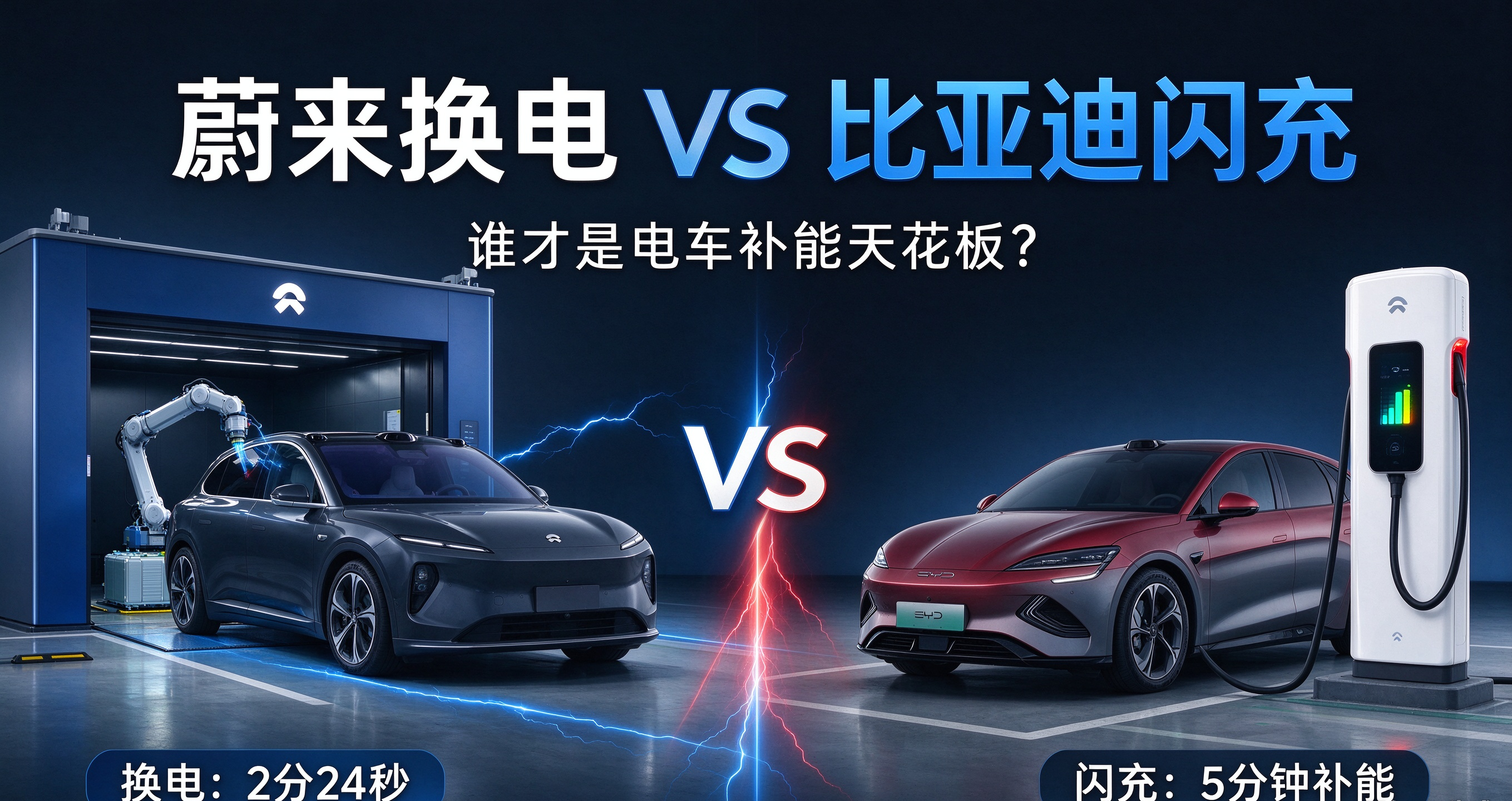 蔚来换电 VS 比亚迪闪充，谁才是电车补能天花板？
电车补能两大路线正面硬刚，没有绝对天花板，只是两种不同解法。
蔚来换电最快 2 分 24 秒，全程不下车，车内坐等满电，恶劣天气体验拉满，还能规避电池衰减焦虑。短板是重资产，建站慢，车型有门槛，下沉覆盖有限。
比亚迪第二代刀片闪充，10%-70%