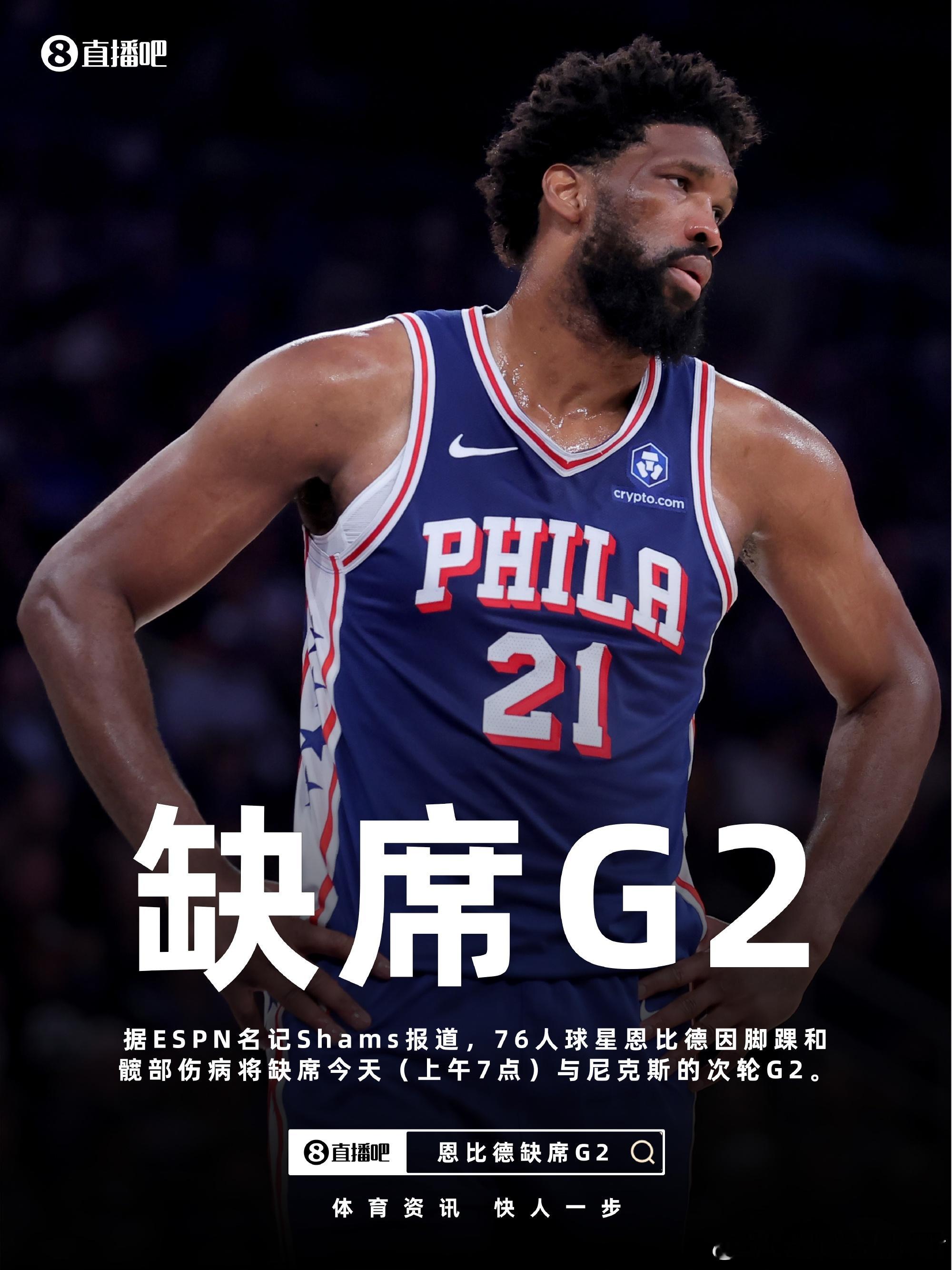 🚨Shams：恩比德因脚踝和髋部受伤 将缺席今日与尼克斯的次轮G2 ...