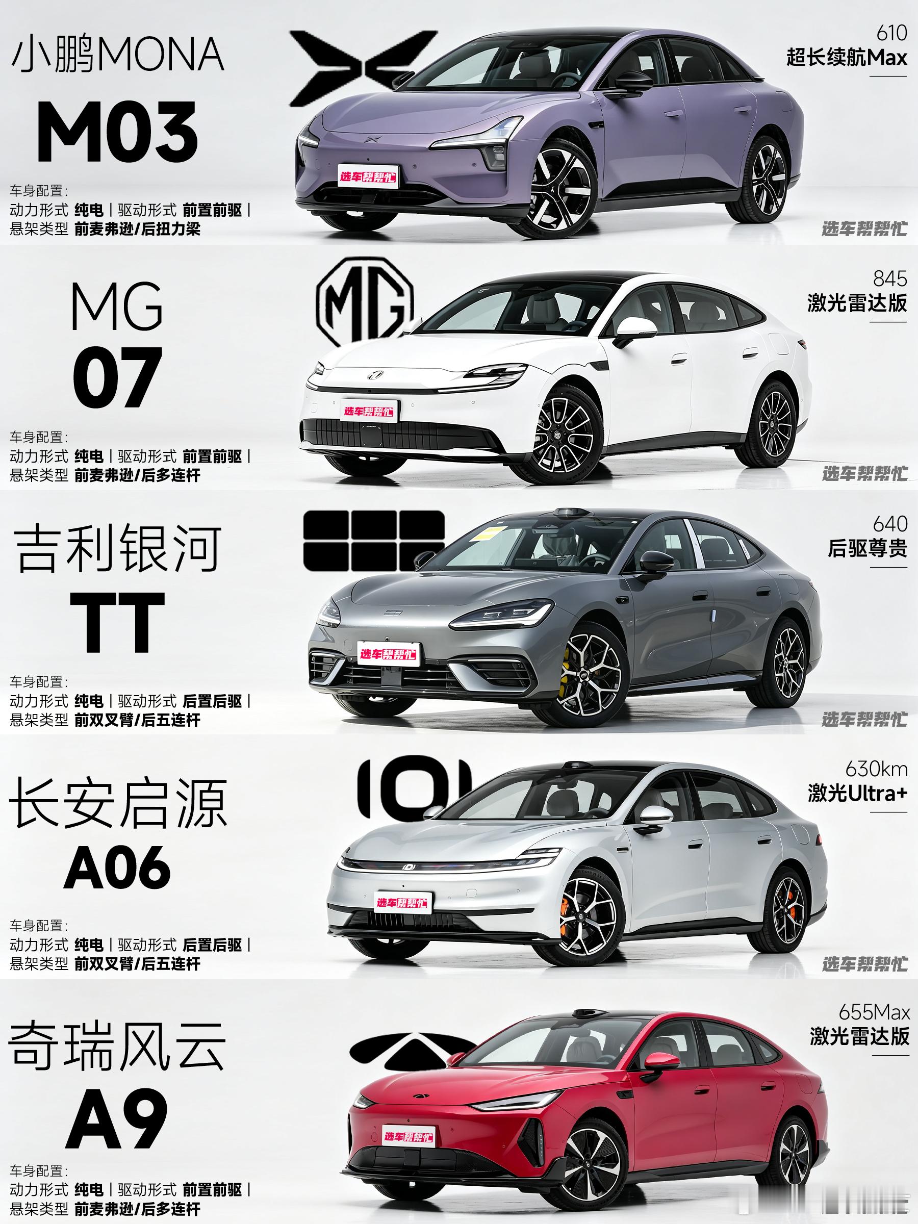 15万买第一辆纯电轿车到底该选谁呢❓
这段时间真的好多朋友问15万左右纯电轿车，我去把市面上比较火的五款🚗：小鹏MONA M03、MG07、吉利银河TT、长安启源A06、奇瑞风云A9，都体验了一圈，聊聊开下来的感受
 
🌈小鹏MONA M03（610超长续航Max）：
🚗这个价位想要好用的辅助驾驶，我觉得它是不错的 ​