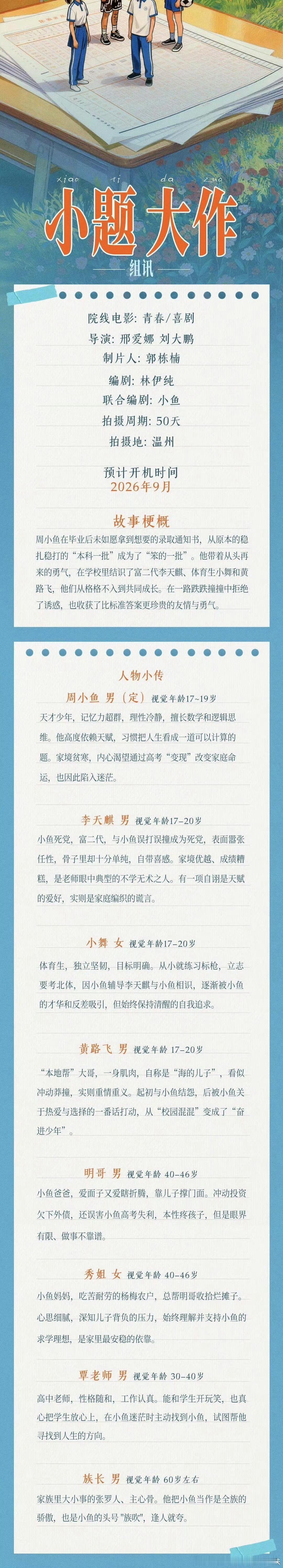 电影《小题大作》组讯
出品：坏猴子影业
导演：邢爱娜《疯狂的石头》《疯狂的赛车》《疯狂的外星人》《无人区》《心花路放》、刘大鹏
制片人：郭栋楠
拍摄周期：50天
拍摄地：温州
预计开机时间：2026年9月
高考✍️只是一道小题，人生💯才是你的大作
周小鱼在毕业后未如愿拿到想要的录取通知书,从原 ​