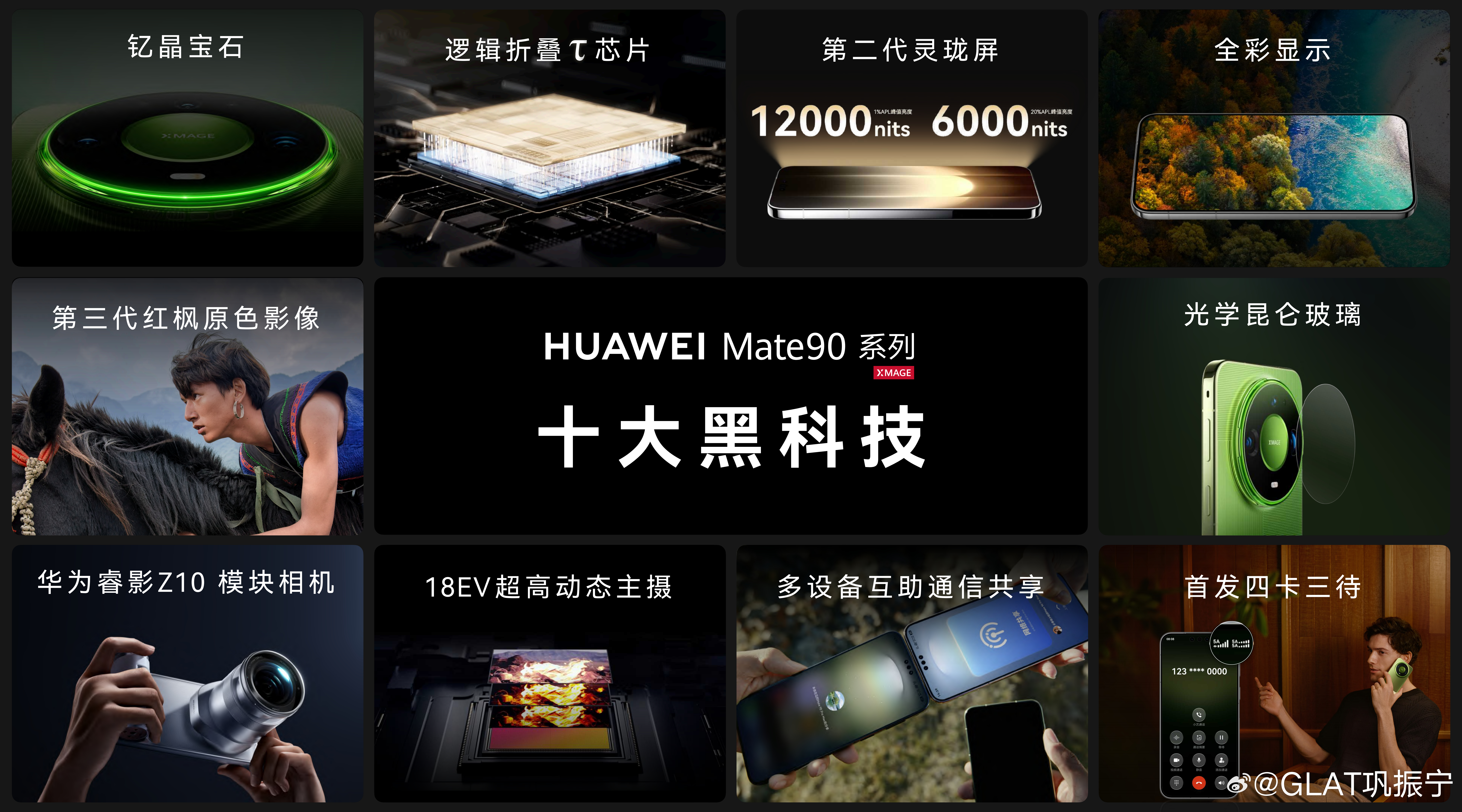 #何刚谈Mate90四卡三待等十大黑科技# Mate 90系列钇晶宝石匠心设计一眼璀璨；搭载第二代灵珑屏、全彩显示技术与光学昆仑玻璃；全系旗舰韬芯片，整机性能大幅提升；第三代红枫原色影像、18EV超高动态主摄和华为睿影Z10模块相机，移动影像边界再突破；还有四卡三待、多设备互助通信共享等功能，Mate 90系 ​