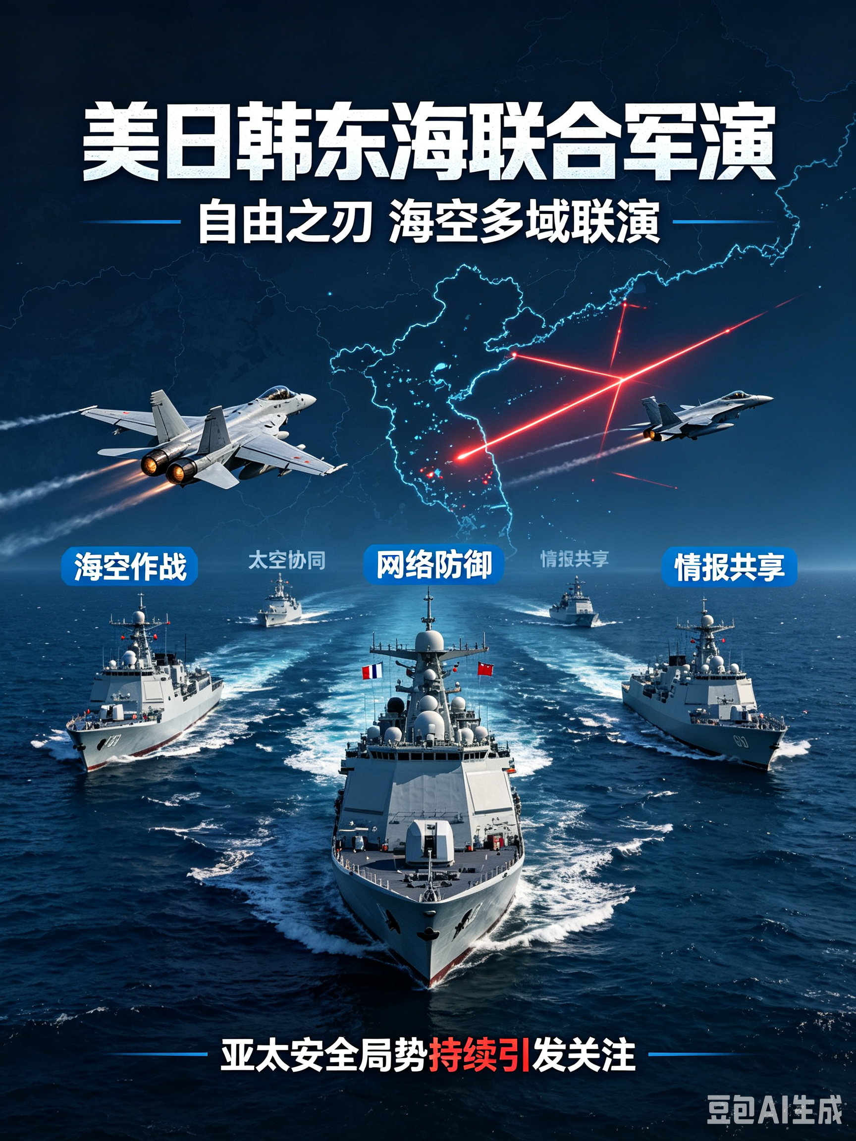 多域联演开启！美日韩东海举行“自由之刃”军演，强化多方合作关系
 

当地时间9月7日，美国、日本、韩国在东海海域开启代号“自由之刃”联合军演，演习持续至9月11日，这也是三国第四次开展该系列联合演习。
 
本次军演不再局限传统海空对抗，演练科目覆盖海空作战、太空、网络等多个作战领域，同步推进一体化