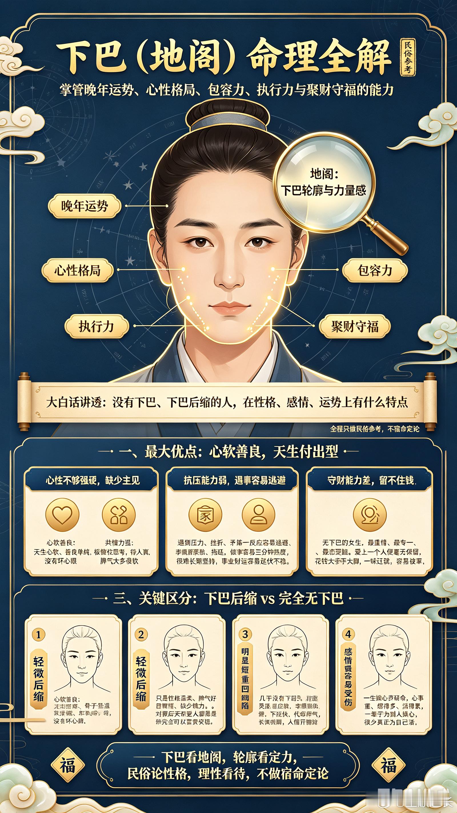面相中的下巴（地阁）：掌管晚年运势、心性格局、包容力、执行力与聚财守福的能力以下用大白话讲透——没有下巴、下巴后缩的人，在性格、感情、运势上到底有什么特点。全程只做民俗参考，不宿命定论。一、最大优点：心软善良，天生付出型下巴短、后缩、地阁不突出的人，优点非常集中：心软善良： 天生心软、善良单纯，没有坏心眼。共情力强： 骨子里温柔，极懂换位思考，从不主动害人，待人真诚，脾气大多很软。顾家重情： 非常顾家、重感情、孝顺体贴，对朋友和爱人都是掏心掏肺的付出型人格。聪明讨喜： 脑子灵活、反应快、审美很好，大多长相秀气、亲和力强，人缘非常好，身边贵人多。二、四大短板：一生最需注意的地方第一：心性不够强硬，缺少主见，容易受人影响。地阁代表定力和主见。下巴弱的人，心里没狠劲、耳根子软。别人劝两句就动摇，做决定犹豫纠结，遇事容易想太多、容易焦虑。很容易被别人带节奏，容易心软妥协，吃亏受委屈也不爱争辩，习惯性自我内耗。第二：抗压能力弱，遇事容易逃避。下巴有力的人，扛事、能抗压、越挫越勇。下巴弱的人，...