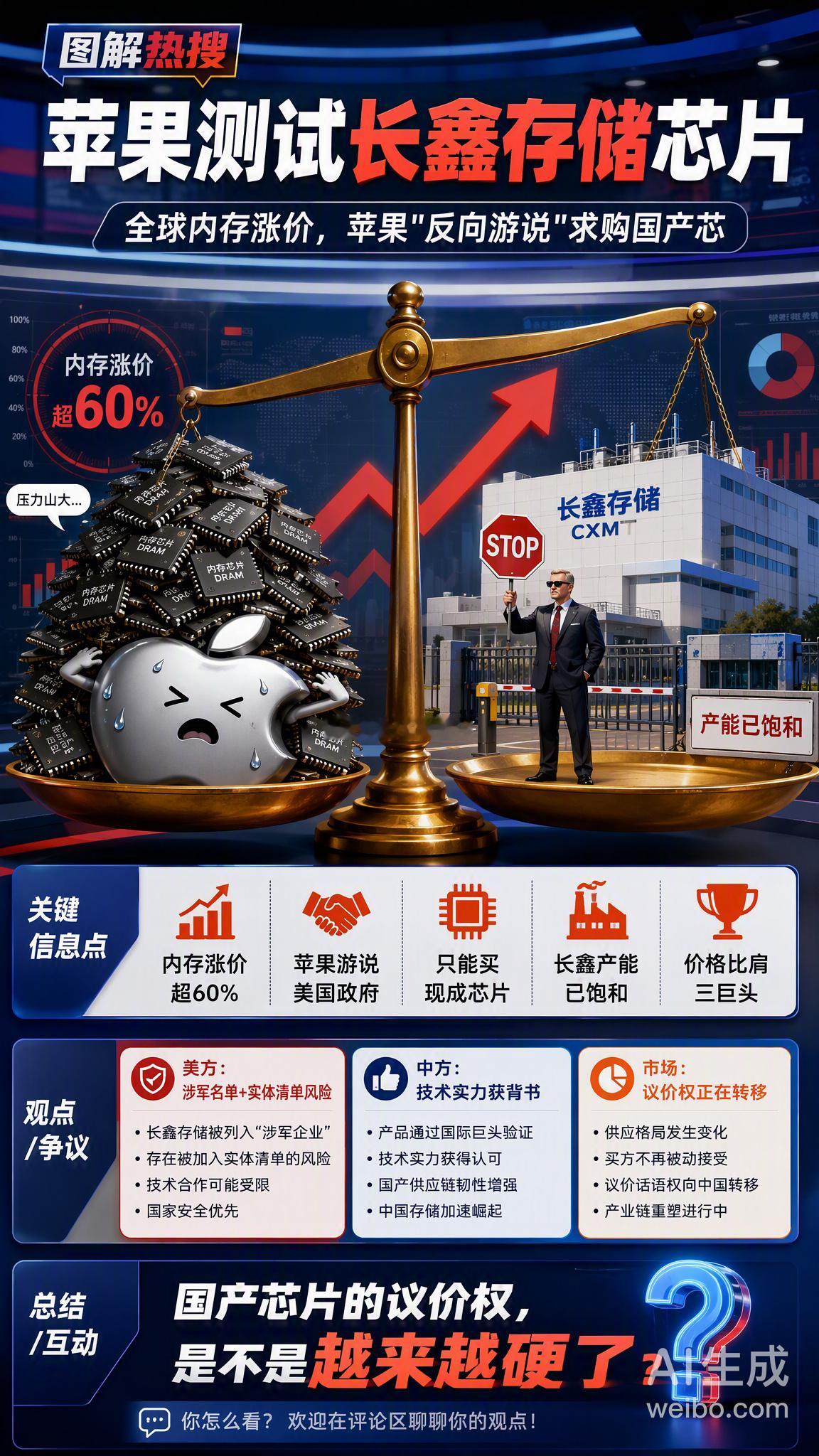 苹果正在测试长鑫存储的内存芯片，计划用于中国市场销售的iPhone和M...