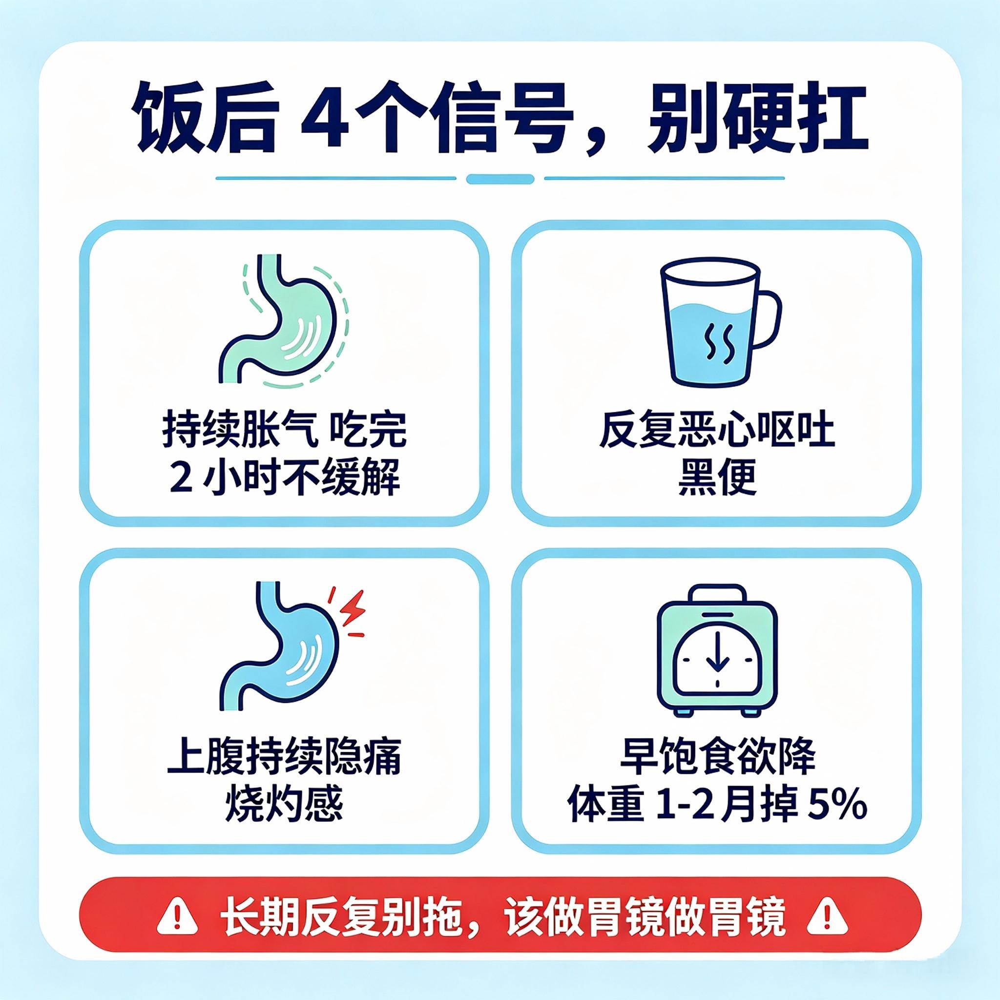【#饭后出现 4 个症状或是胃癌信号#】#为什么年轻人胃癌越来越多#

26 岁博主因胃癌去世让人痛心。
胃不舒服别总当成 "老胃病" 硬扛。饭后出现这 4 种情况，一定要警惕👇

1️⃣ 持续胀气，吃完很久还 "撑"
即使吃很少也胀，超过 2 小时不缓解，助消化药不管用。尤其打嗝嗳气带腐败食物气味，要当心 ​