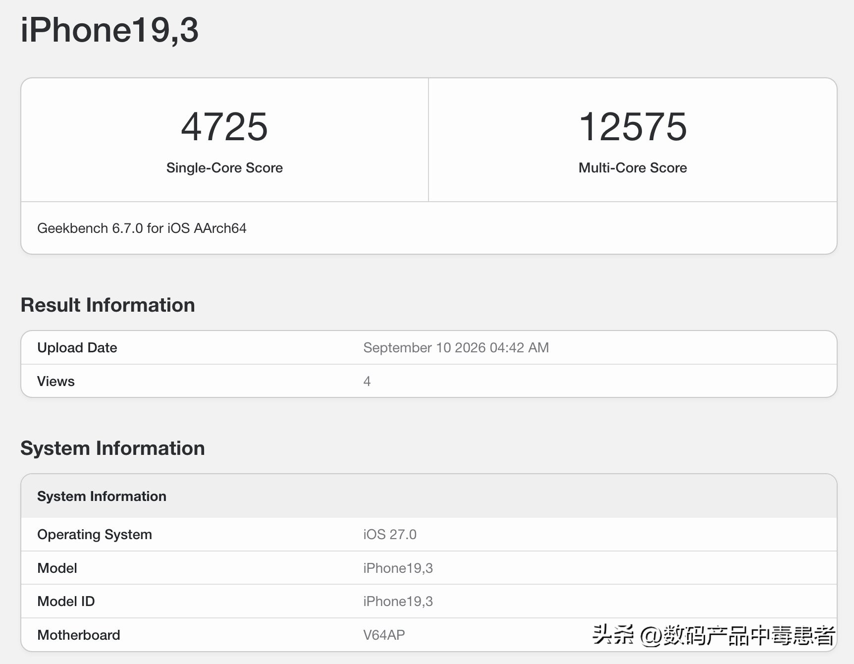 爆料:苹果iPhone 18 Pro系列，GeekBench 6跑分曝光：
单核：4725
多核：12575

GPU跑分:64069

超越苹果的只有苹果自己，虽说高通、联发科和小米的玄戒旗舰芯片多核跑分已持平或超越苹果，但是就单核来说，友商也只能望其项背~你要知道，苹果M5 Max的单核跑分也才
