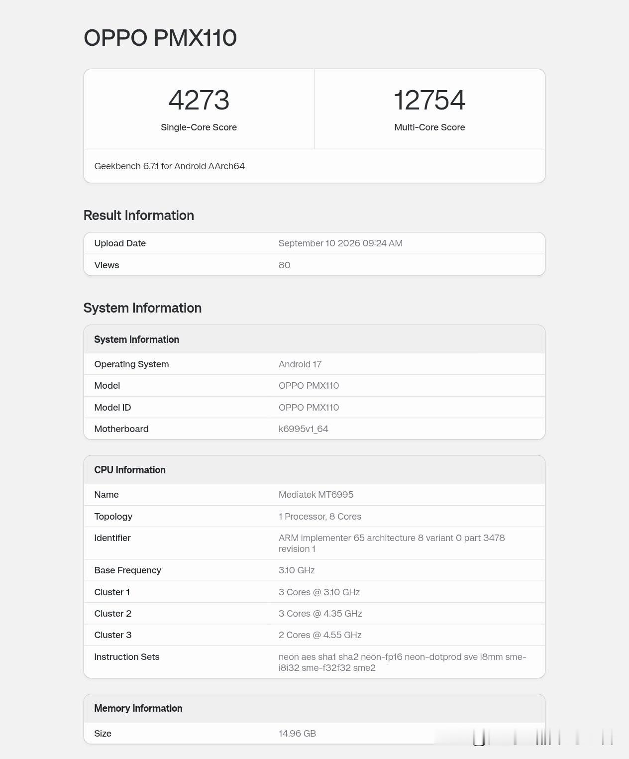 Oppo Find X10 Pro Max(PMX110)
联发科天玑9600 Pro

Geekbench 6. 7. 1跑分
单核:4200+ 
多核:12700+

Geekbench 7.0跑分
单核:3200+ 
多核:11000+

台积电2nm工艺