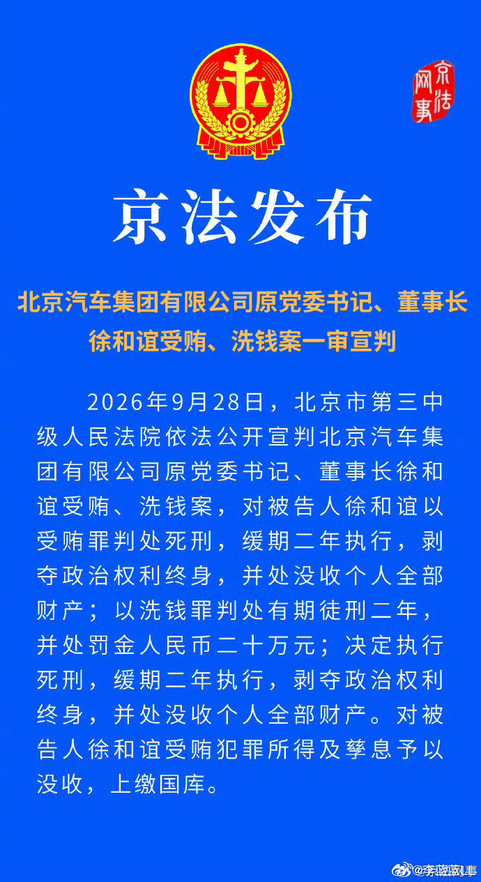 #北汽原董事长徐和谊被判死缓#
直接判了死缓，得是有多严重啊？！ ​