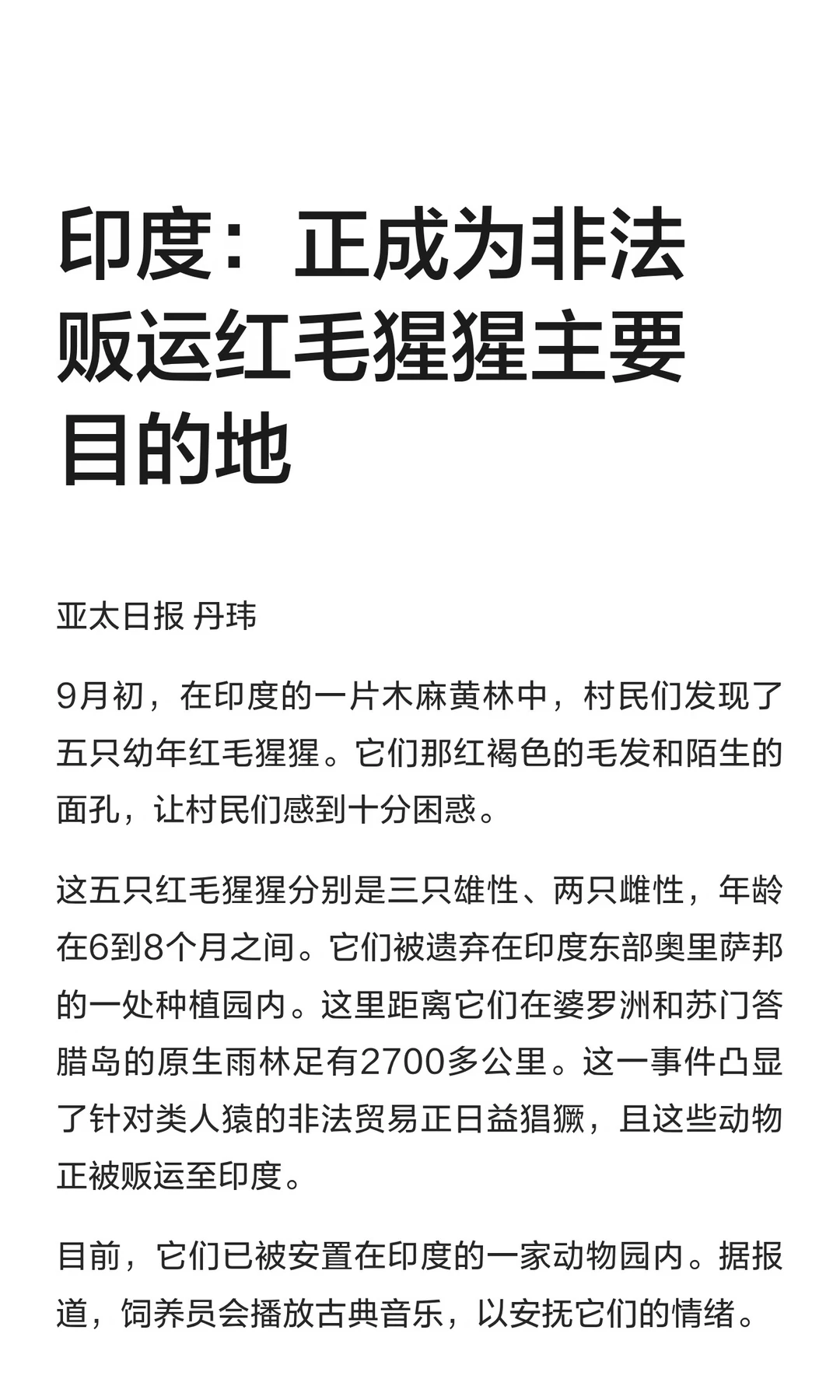 印度：正成为非法贩运红毛猩猩主要目的地