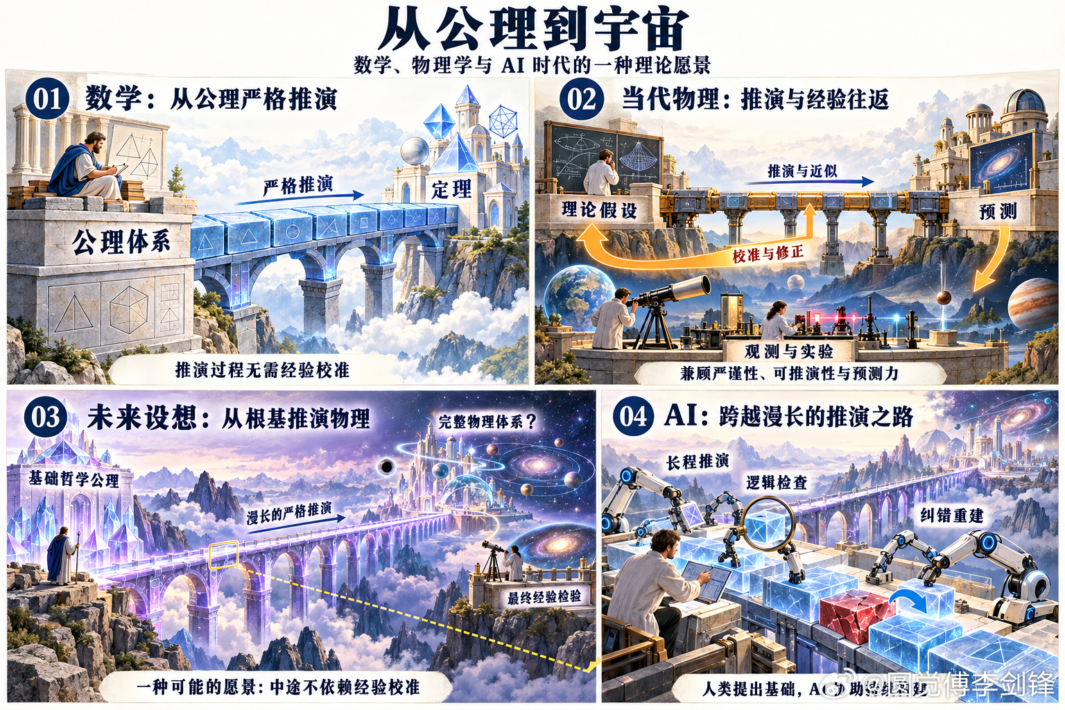 数学是这样的：从一套公理体系出发，经过严密的逻辑推理就能得到所有的结果，中间无需再临时引入新假设与补丁，以不必中间用另一套现实的事实来验证结果。目前物理学是这样的：可以从一套假设出发，经过严密的逻辑推理得到一些结果，但往往中间需要不断地回到现实，用现实的观测事实来校正之前假设以及推理。现代物理学的特点往往假设其实不必非常“正确”，推理有时也不必非常严密，因为中间会不断地回到经验进行校正。而且，好的物理理论往往是要求假设要在严格与不严格之间取得平衡，以便使得后面的推理能进行下去，且能得到有意义的预测。但未来的确存在一种可能性：从一套基础足够牢靠哲学公理假设出发，完全依靠数学推理，推出整个完整的物理学，中间无需再回到经验进行校准。经验仍可用于检验最终理论与现实的对应，但不再是推演过程中反复调整前提的必要环节。这种做法在以前是完全行不通的，因为这种构建将无比宏大，它在逻辑推演上要走很长很长的路才能得到当代物理学一些很普通的结论。但从现在开始，这种做法可能真能实现，因为有了AI的帮助，它可...