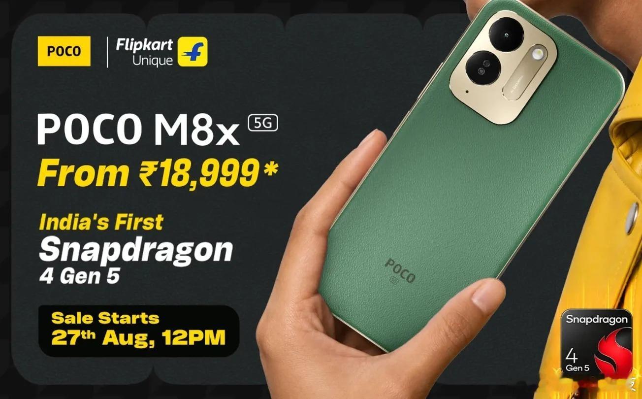 小米 Poco 现已在印度市场推出 M8x 5G 手机。新品定位中低端，配备 7900mAh 电池、120Hz 高刷屏幕，起售价 18999 卢比（现汇率约合 1336 元人民币）

该机配备一块 6.9 英寸的 IPS LCD 屏幕，分辨率为 HD+，峰值亮度可达 825nits，表面覆盖康宁大猩猩玻璃 7i。这款手机搭载高通骁龙 4 Gen 5 芯片，配备 ​