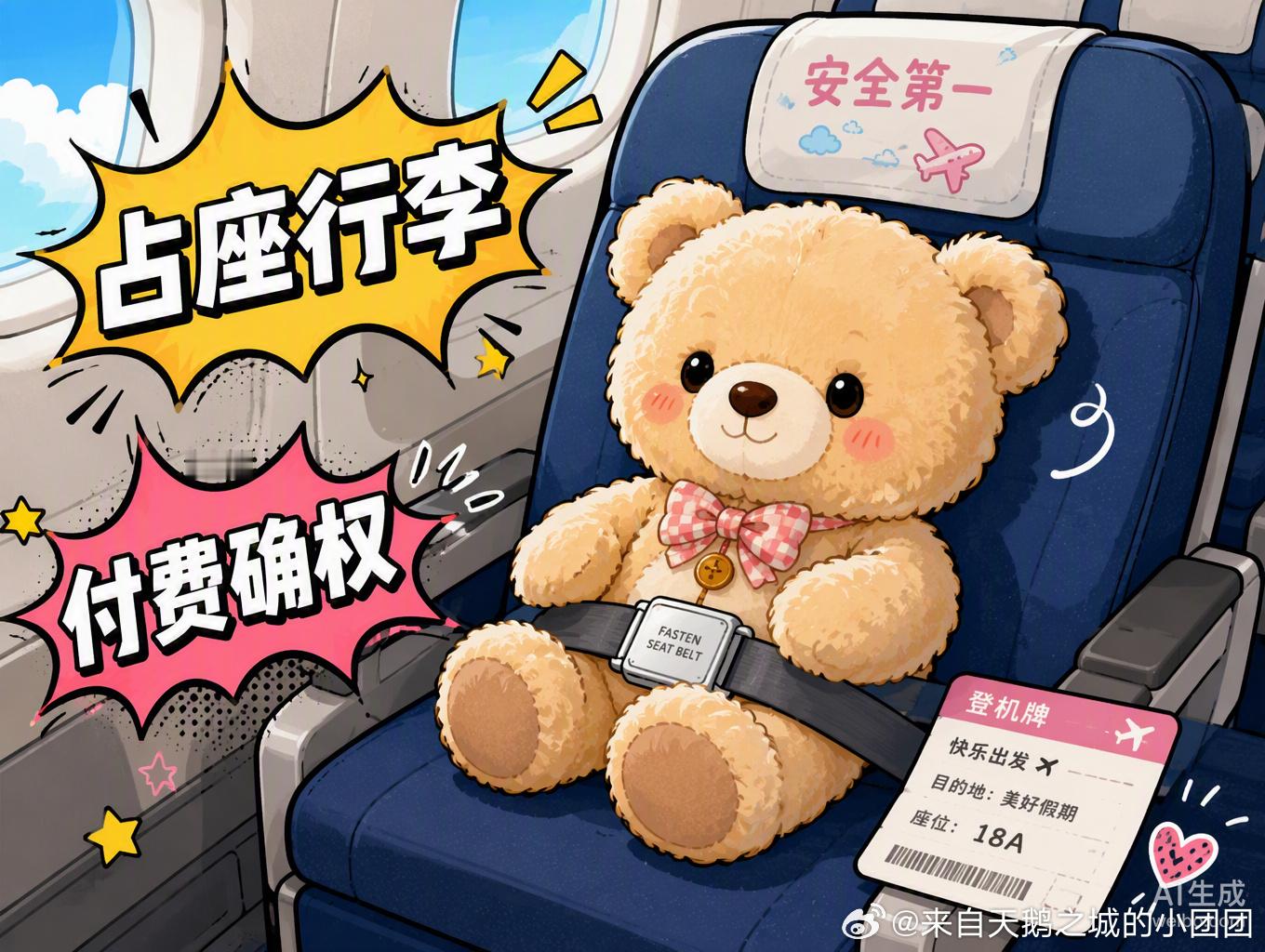 给玩偶买张票，这操作听着离谱，实则精准。

航司的“占座行李”服务早就摆在那儿了，只要肯出成人票价，你的大提琴、高尔夫球杆甚至那只陪伴你多年的玩偶，都能合法独享一个座位。这本质上是航空公司在运力允许下，把空间当成商品二次售卖的商业逻辑。

争议的核心不在于玩偶能不能坐，而在于我们是否 ​
