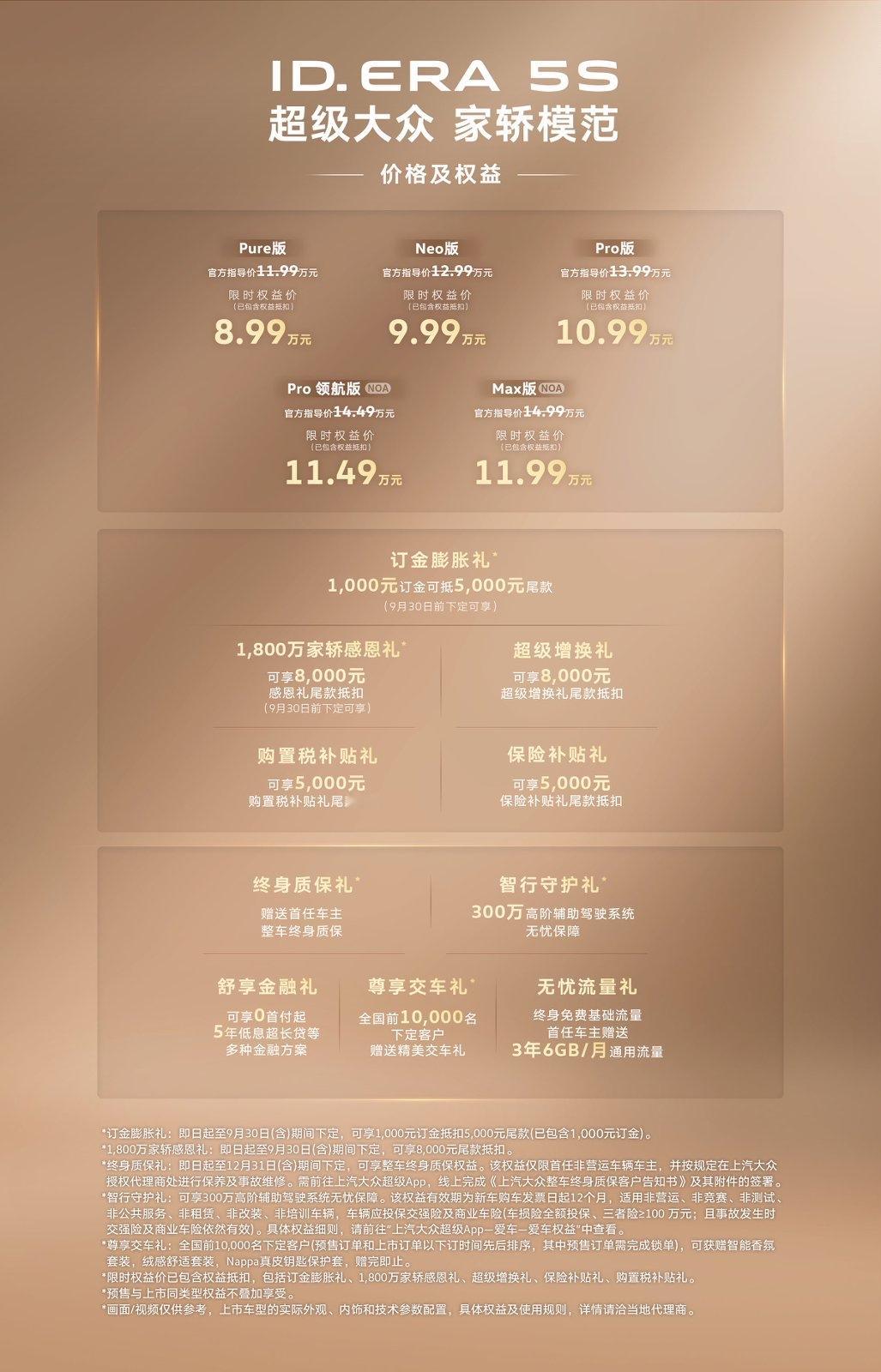 不到12万拿下城市NOA德系家轿！ID.ERA 5S成都车展正式上市

8月21日，第二十九届成都国际车展上，上汽大众德系超混智能家轿ID.ERA 5S正式迎来上市，作为ID.ERA家族首款轿车，它也是大众全球首款支持城市NOA的轿车，将高阶智驾体验带入主流家用轿车市场￼￼￼。

新车共推出Pure