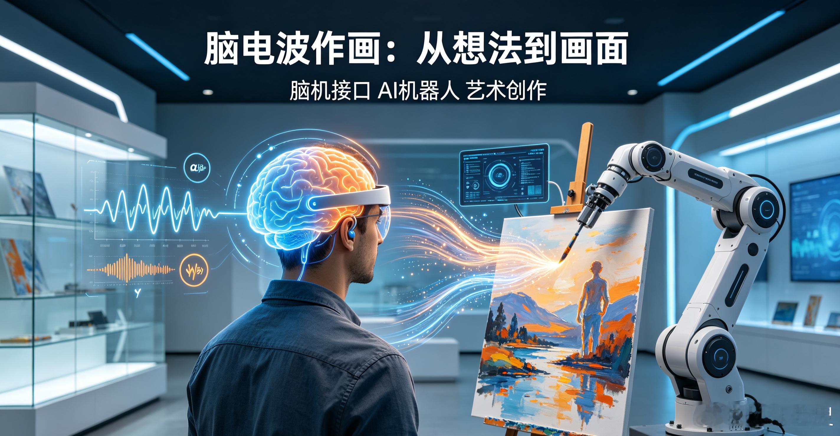 靠大脑信号创作画作，左脑右脑分工解码，脑机+AI机器人到底是怎么实现的？

最近不少展会、体验馆出现了新奇的体验：戴上一个脑电头环，不用手、不用鼠标，仅仅依靠大脑的脑电波，就能让AI机器人画出图画。很多人惊叹，难道人类的想法，可以直接变成画面？
脑机接口正在慢慢走出封闭的实验室，走向消费 ​