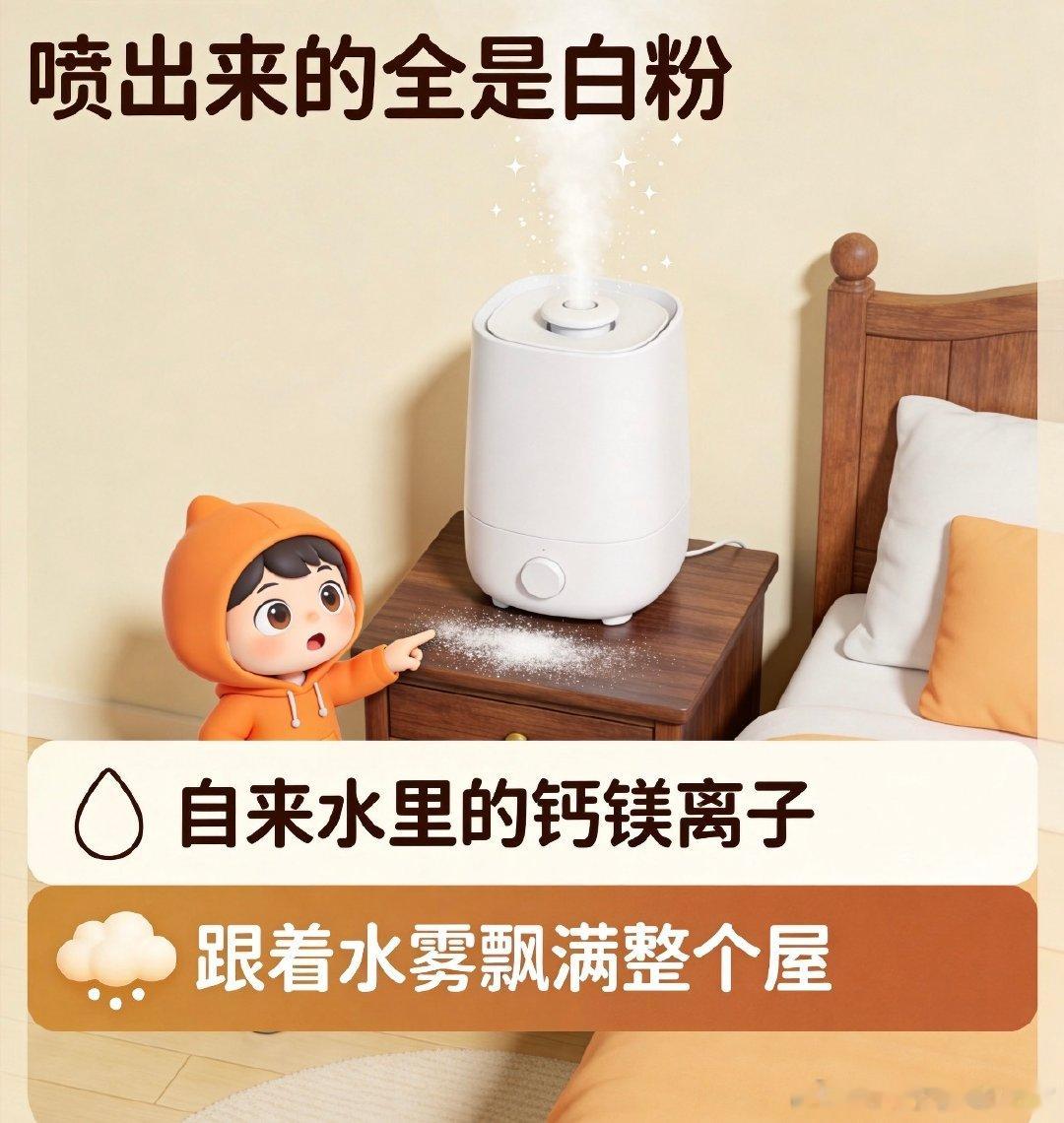 #加湿器加自来水会怎样# 
加湿器种类不一样，所以加自来水产生的效果也不一样。有的可以加，有的则对身体不好。

超声波加湿器直接加自来水，会把水中的矿物质“打碎”成微小颗粒喷到空气中，形成可吸入的“白粉”污染，刺激呼吸道。 蒸发式加湿器则相对宽容，通常可直接使用自来水。

① 超声波加湿器为什么不建议直接加自来水

超声波加湿器靠高频震动把水打成细小水珠喷出。自来水含有钙、镁等矿物质，这些矿物质不会被过滤，而是随水雾一起扩散到空气中，干燥后形成白色粉末。这些颗粒类似 PM2.5，吸入后可能刺激呼吸道，对敏感人群尤其不友好。此外，自来水硬度较高，长期使用容易在机器底部结水垢，缩短使用寿命。

② 超声波式 vs 蒸发式对水质的要求不一样

· 超声波式（有雾）：必须用纯净水或蒸馏水。核心原因是避免矿物质被雾化吸入。价格便宜、噪音小，但水质门槛高。
· 蒸发式（无雾）：通常可用自来水。原理是让水分自然蒸发，只让水分子进入空气，杂质留在滤网或水箱里，不会喷出白粉。适合有老人、小孩或敏感人...