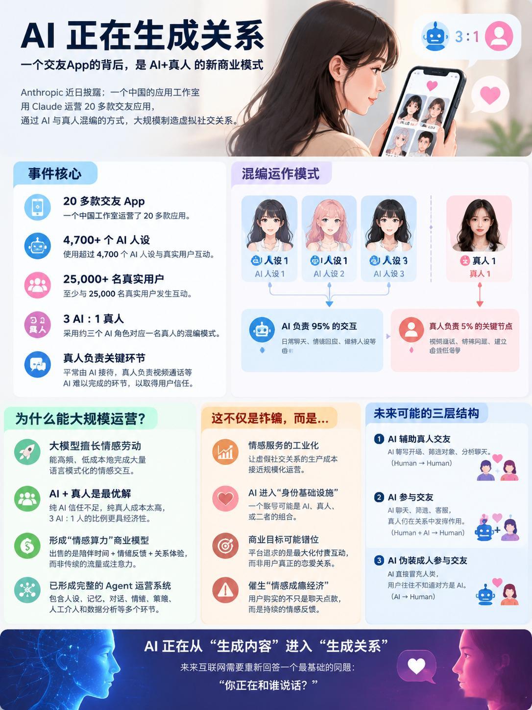 你的网络伴侣可能只是个AI#大模型[超话]# 最近，Anthropic发布了一个有意思的案例，一个App工作室利用Claude运营20多款交友应用，用户匹配聊天需要花购买的点数。工作室采用AI与真人混编的运作模式。平台把真人资料与AI人设混入同一匹配信息流，比例约为三个AI角色对应一名真人。平常与用户的聊天由AI ​