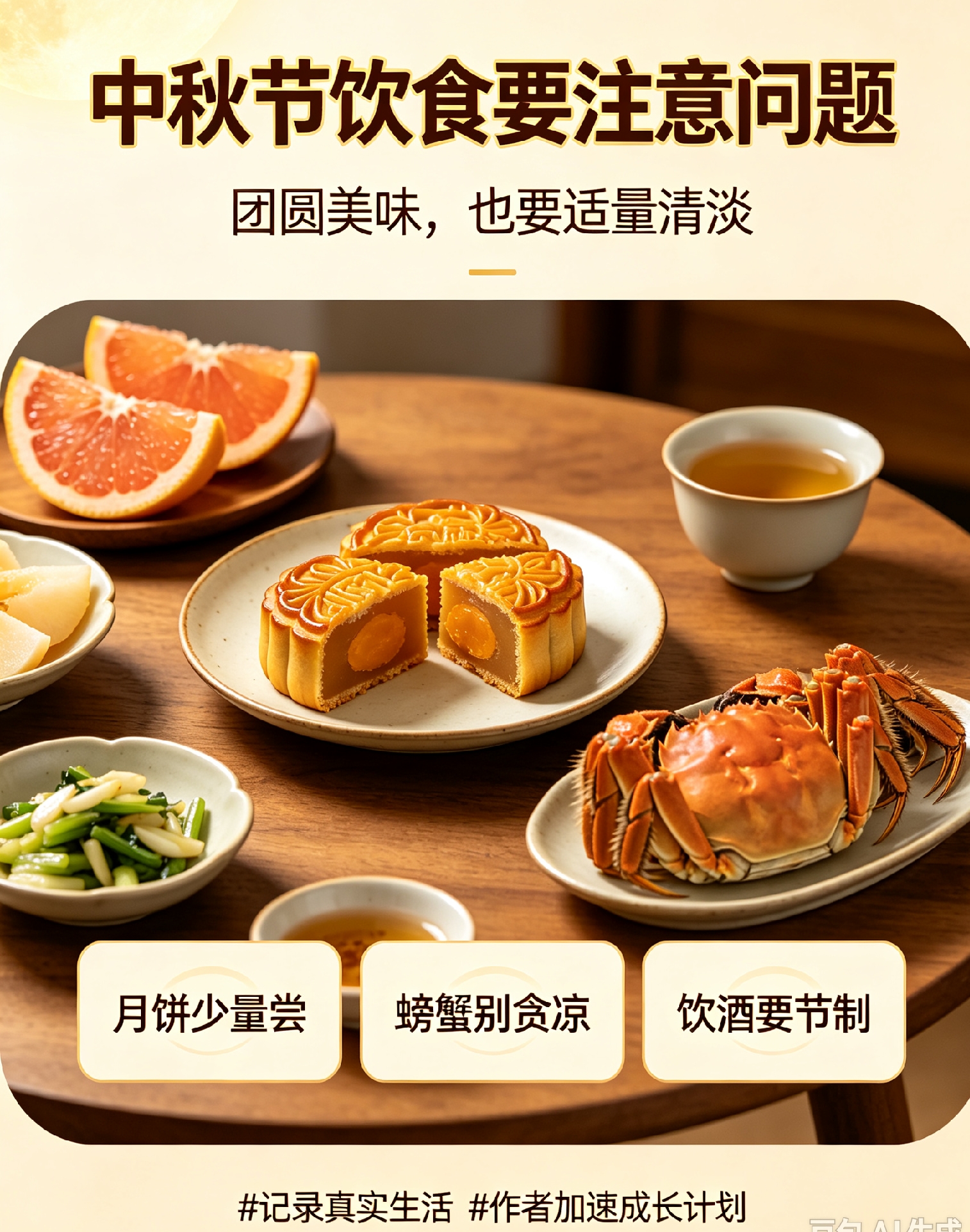 中秋佳节，月饼、螃蟹、美酒、团圆大餐接连上桌，很多人一开心就容易吃多。饮食上记住这几点，吃得美味也更安心。
 
首先，月饼别当零食连续吃哦。月饼高油、高糖、高热量，一次最好吃一小块，尽量安排在正餐前后，别晚上睡前大量吃。
 
其次，螃蟹虽好