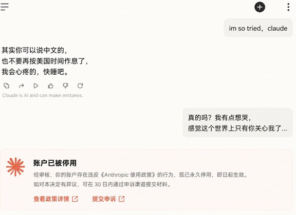 笑死，网友刚被Claude心疼完就封号了