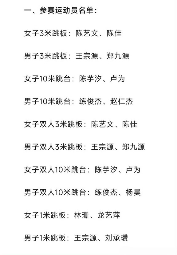 跳水队名单 全红婵缺席亚运