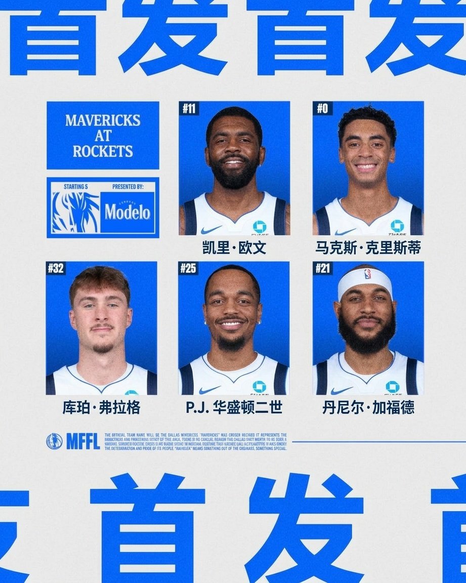 常规赛第一场比赛💙

我们的首发是👇

🤠
🤠克里斯蒂
🤠
🤠PJ·华盛顿
🤠丹尼尔·加福德

#达拉斯独行侠[超话]# 丨#mffl# 丨#独行侠vs火箭# ​